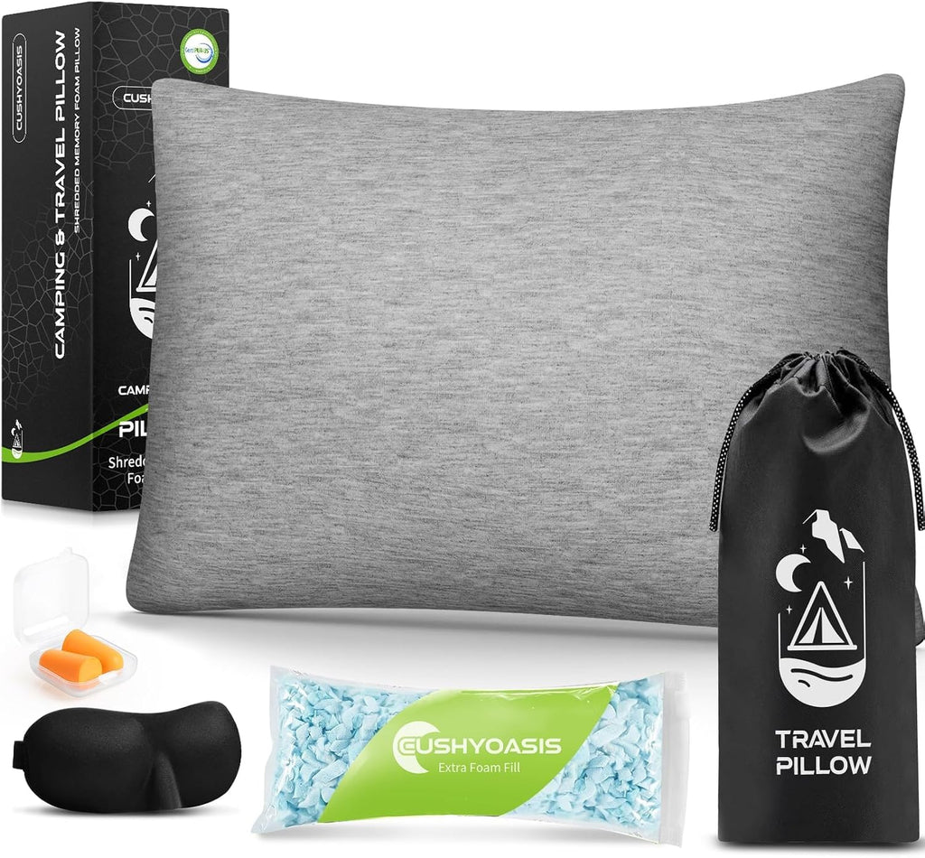 CushyOasis Camping Pillow Set with Travel Pillow, Eye Mask, Earplugs Small