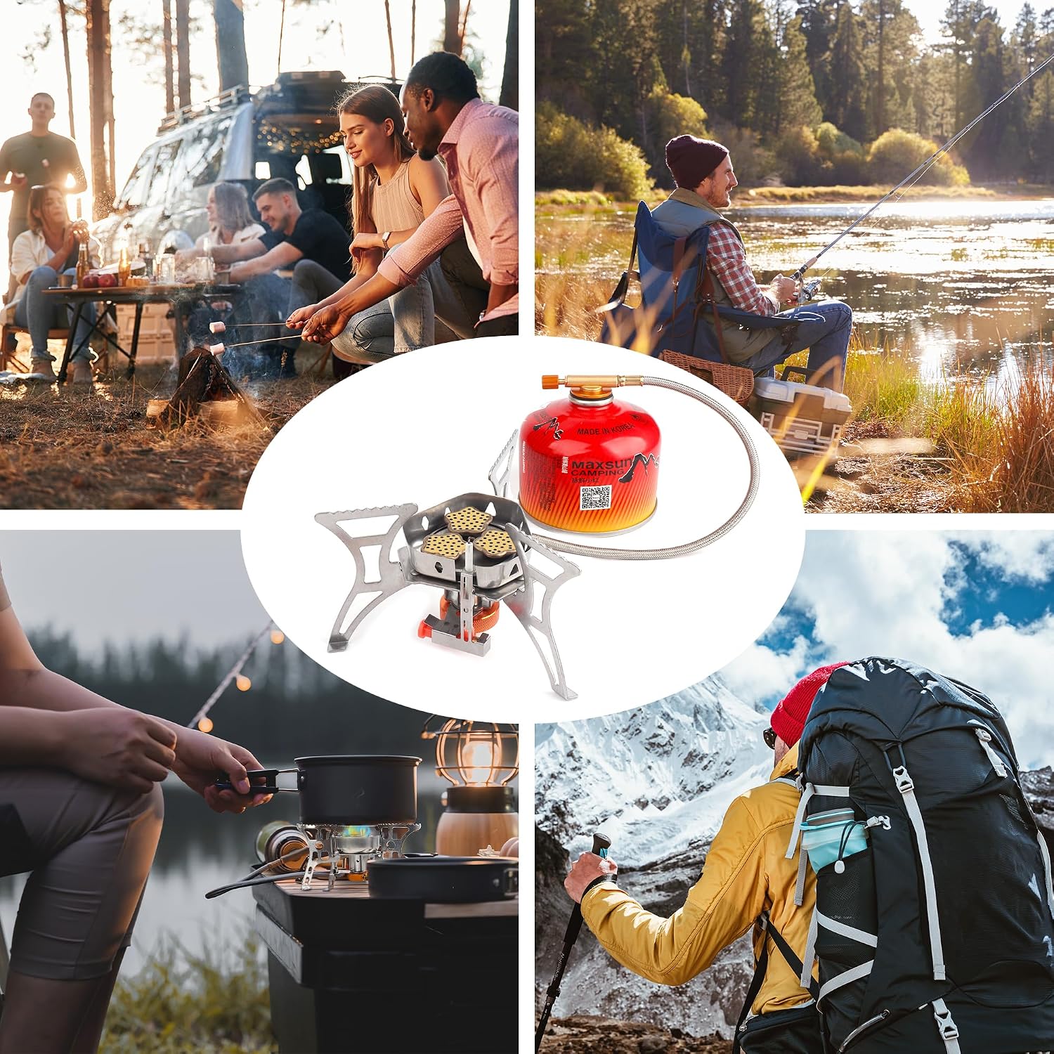 6800W Camping Stove with Fuel Canister Adapter, Portable Backpacking Gas Stove with Piezo Ignition, 1LB Propane Tank, Butane Adapter for Outdoor Cooking, Picnic, Camping and Hiking