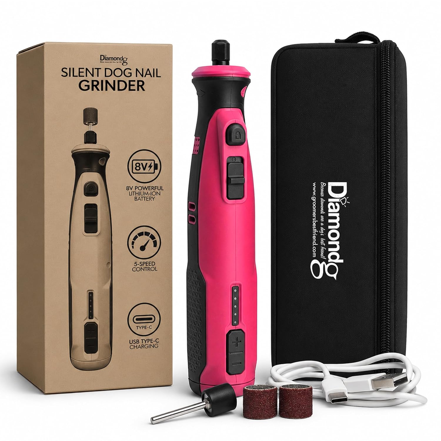 Diamondg Cordless Dog Nail Grinder - Quiet Sound with LED Light, Pink