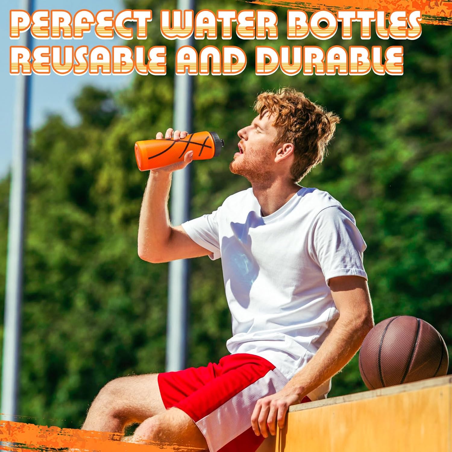 12 / 24 Pack Sports Water Bottles 20 oz Bottle Basketballs Party Favors Reusable Sports Squeeze Water Bottle for Party Favor Players Lovers Team Gifts Gym