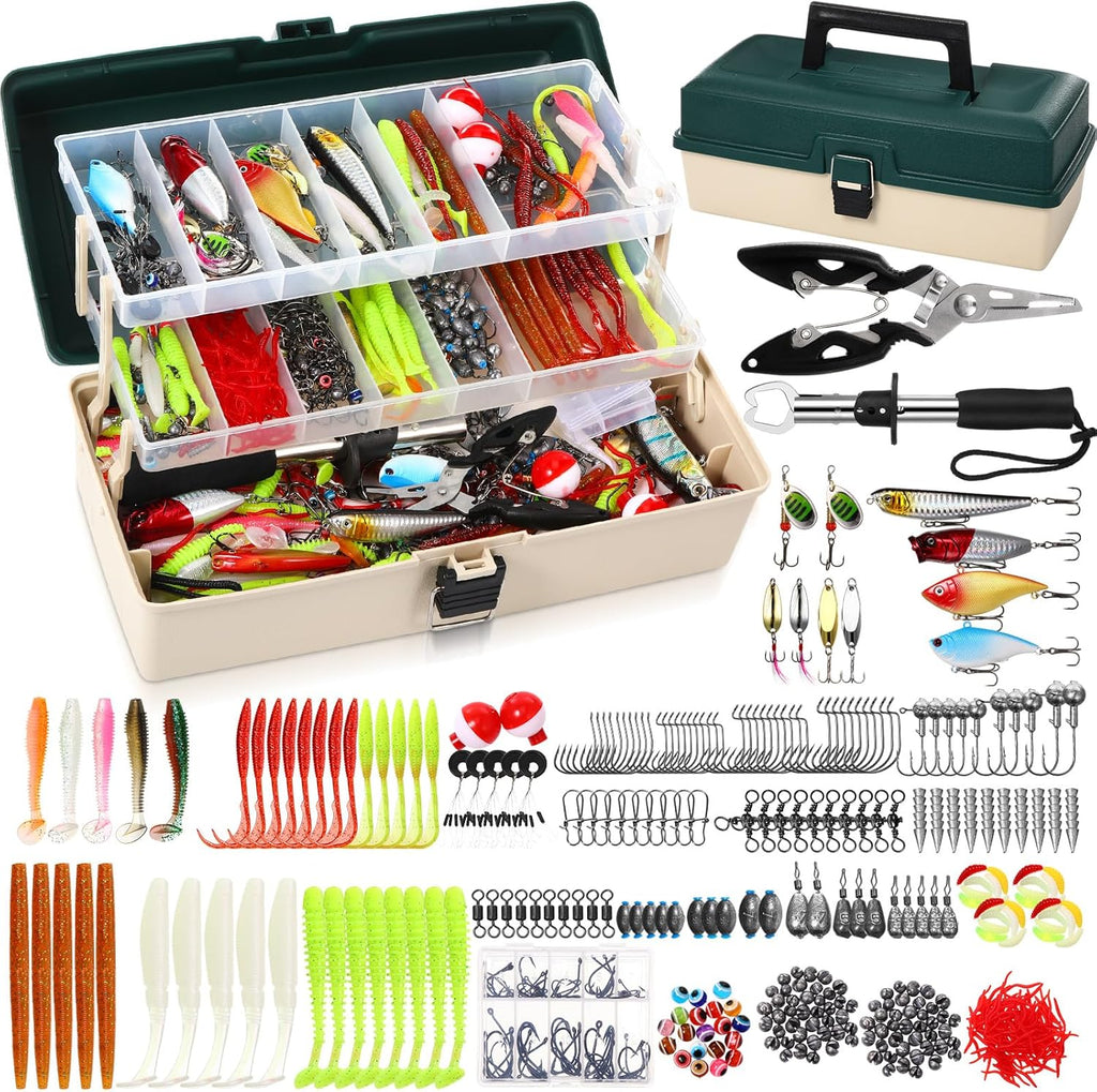 517 Pcs Large 3 Layers Fishing Lures Tackle Box Kit, Dark Green Milky White