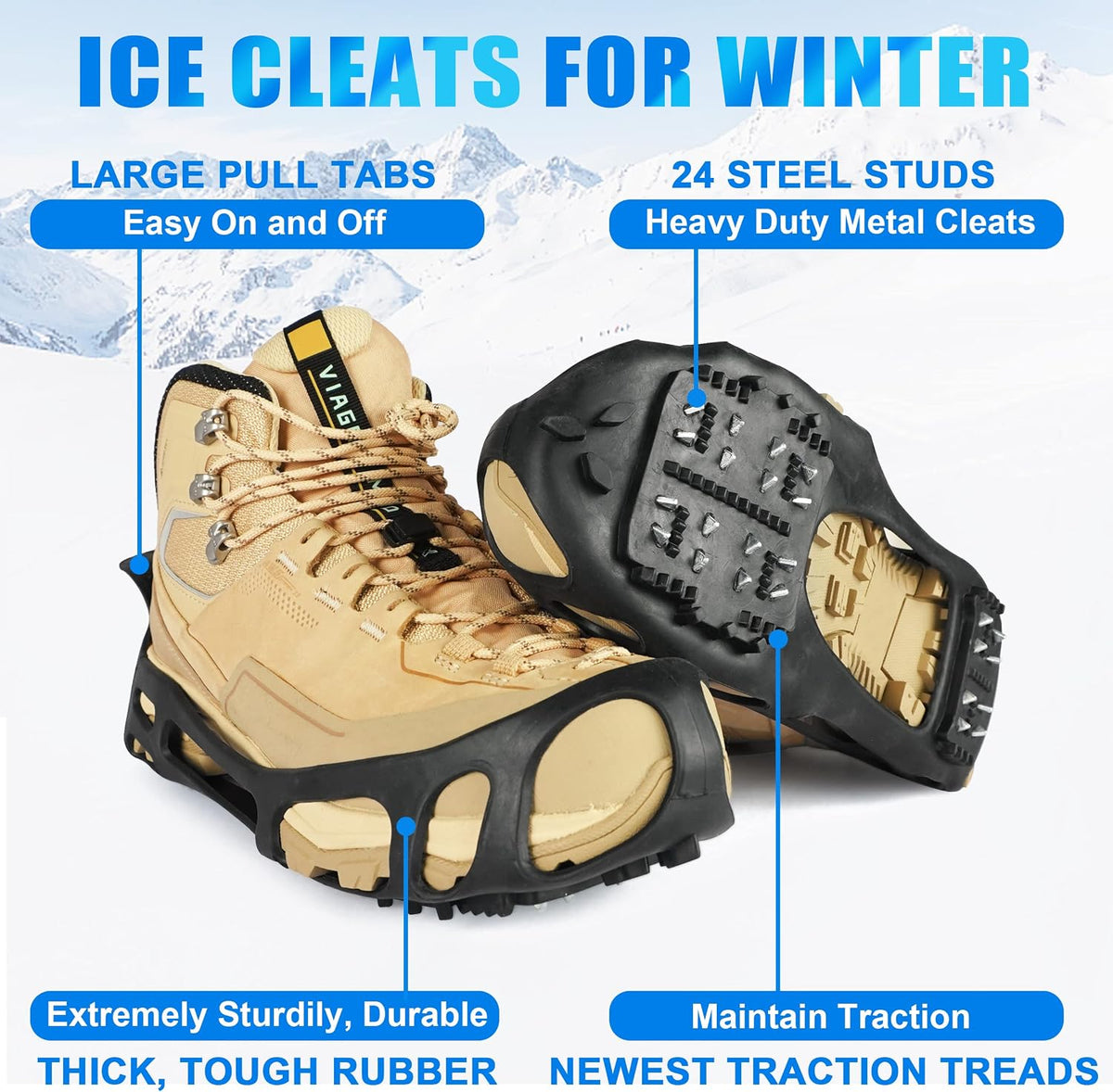 Ice Snow Cleats for Shoes and Boots, Walk Traction Cleats Crampons 24 Studs Anti Slip Ice Snow Grippers Overshoe for Women Men Kids Walking on Snow Ice