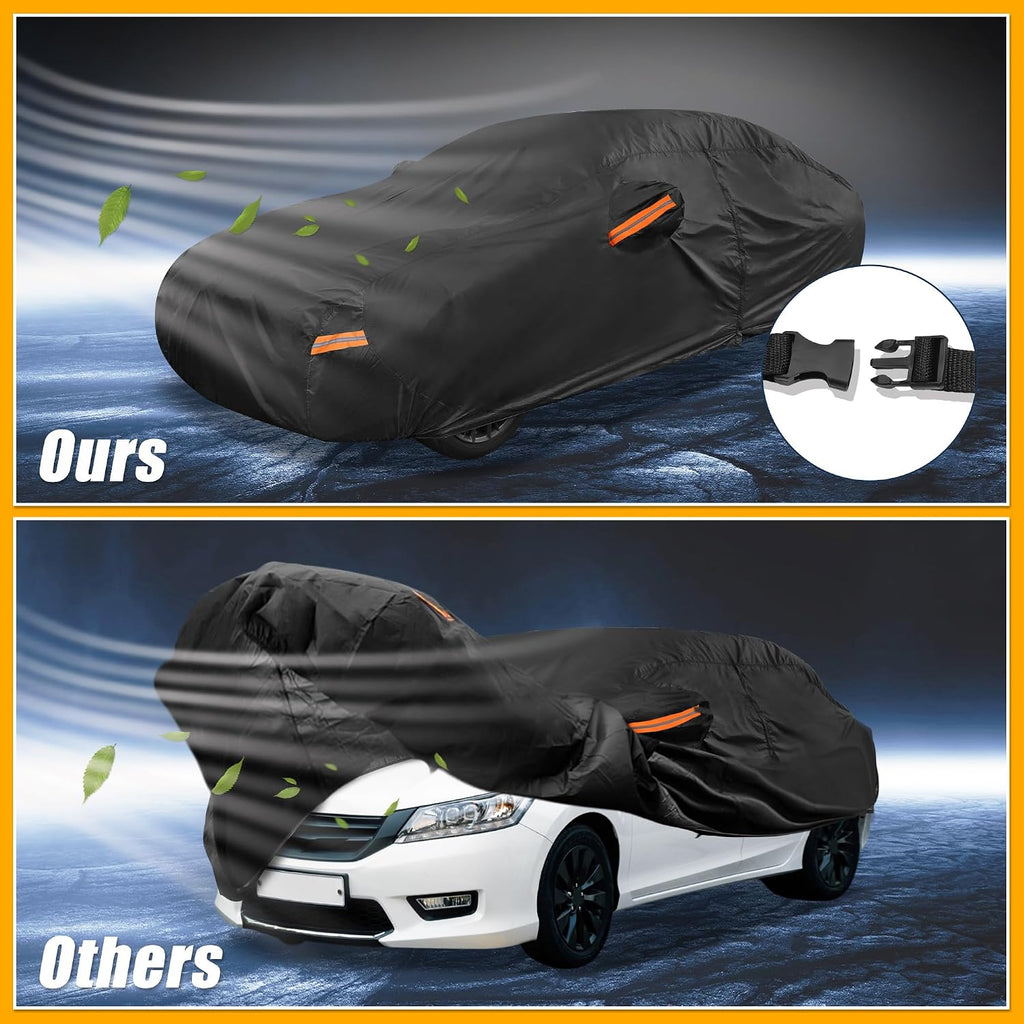 Universal Car Cover Waterproof All Weather 210D-PU, UV Sun Rain Protection, Fits for Sedan Length 178"-186", with Left Side Zipper, Black