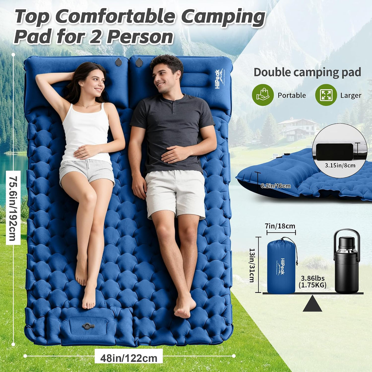 HiiPeak Double Sleeping Pad for Camping - Suede Top Camping Mattress with Pillow, Built-in Foot Pump, Compact Inflatable 2-Person Portable Mat for Backpacking, Hiking, Car Traveling, Beach, Tent