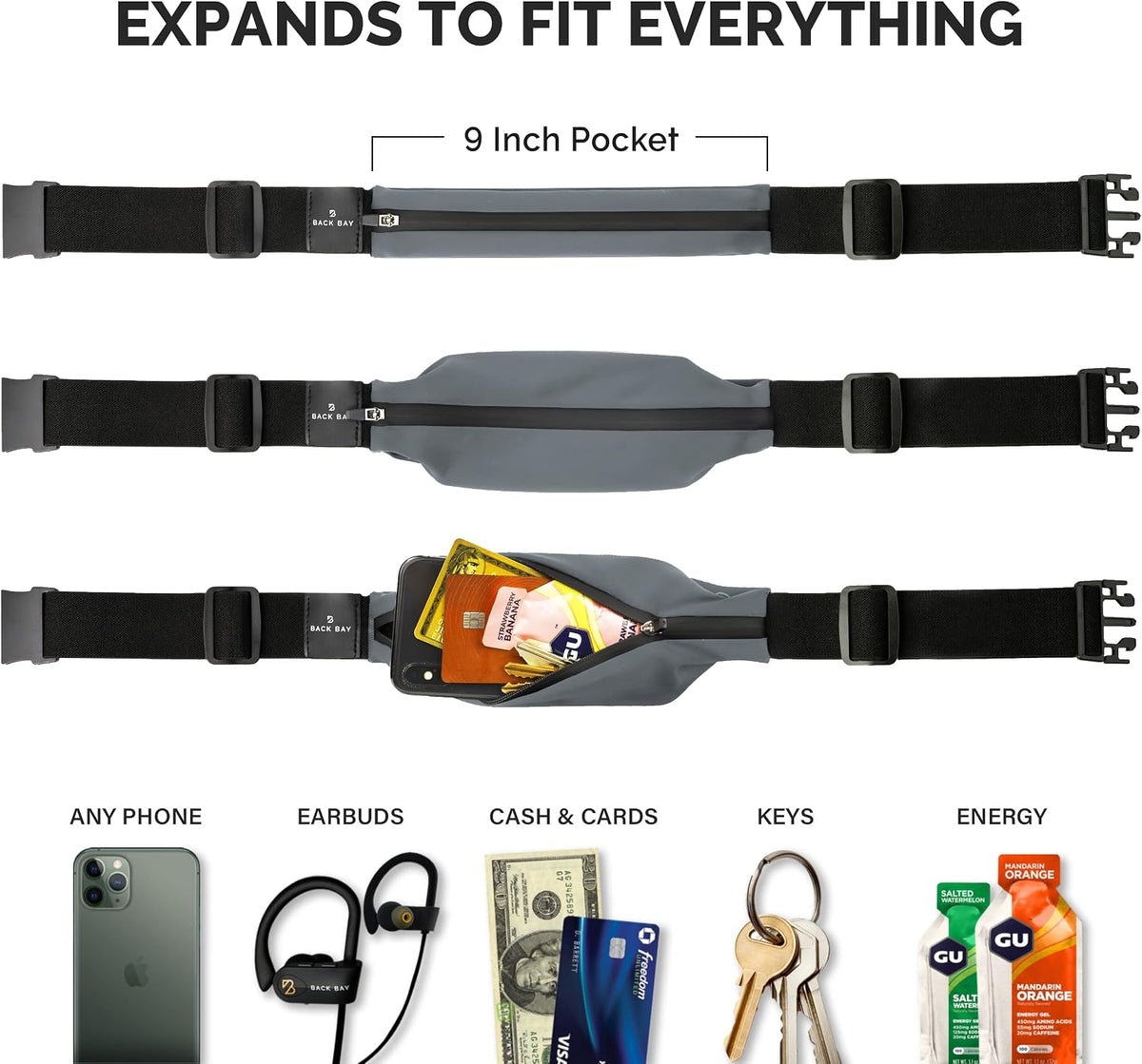 No-Bounce Slim & Secure Running Belt, Fits ALL Phones, Keys, Cards, Gels
