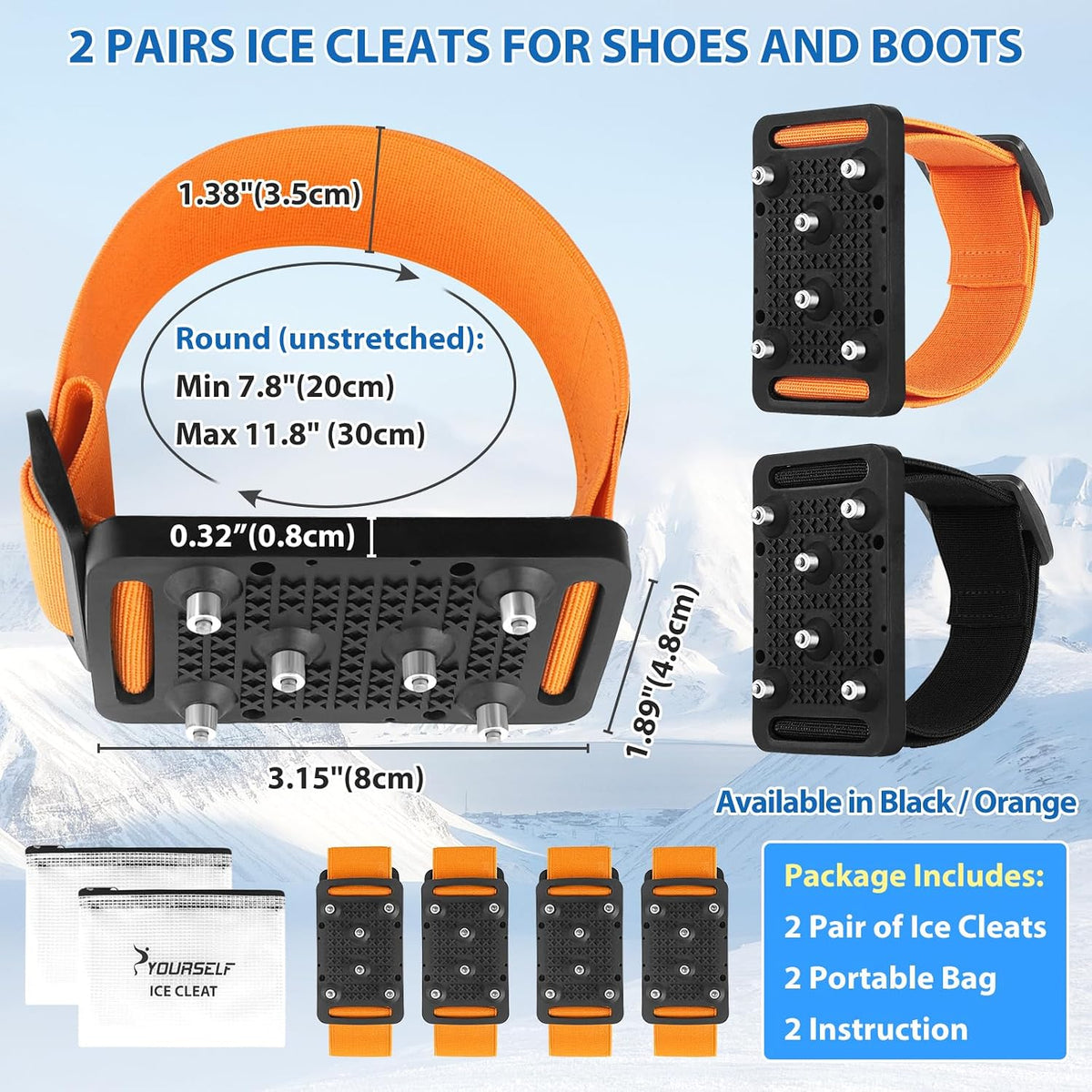 SYOURSELF Ice Cleats Crampons for Shoes and Boots, Rotatable Mid-Sole Traction Cleats Shoe Spikes for Snow and Ice, Non Slip Tungsten Spikes Ice Shoes Grippers for Men Women Winter Indoor/Outdoor