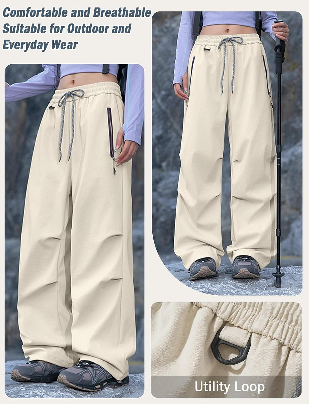 FEOYA Waterproof Pants Women Light Rain Pants Parachute Drawstring Cuffs