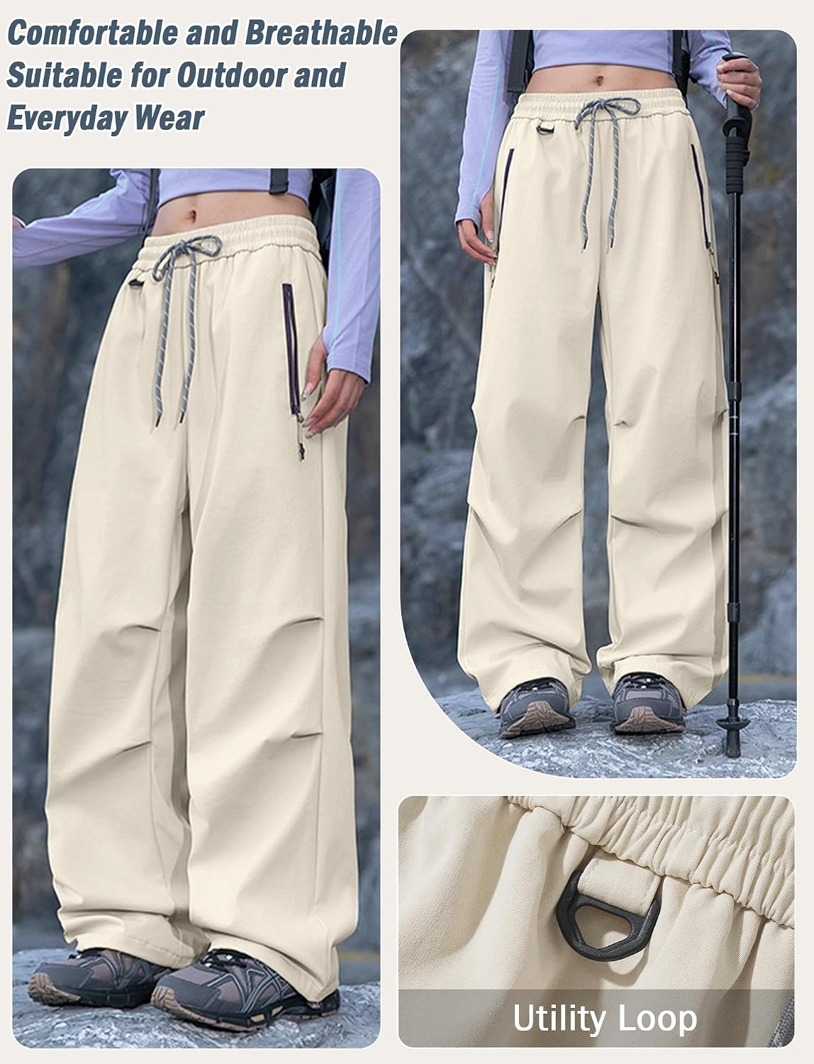 FEOYA Waterproof Pants Women Light Rain Pants Parachute Drawstring Cuffs