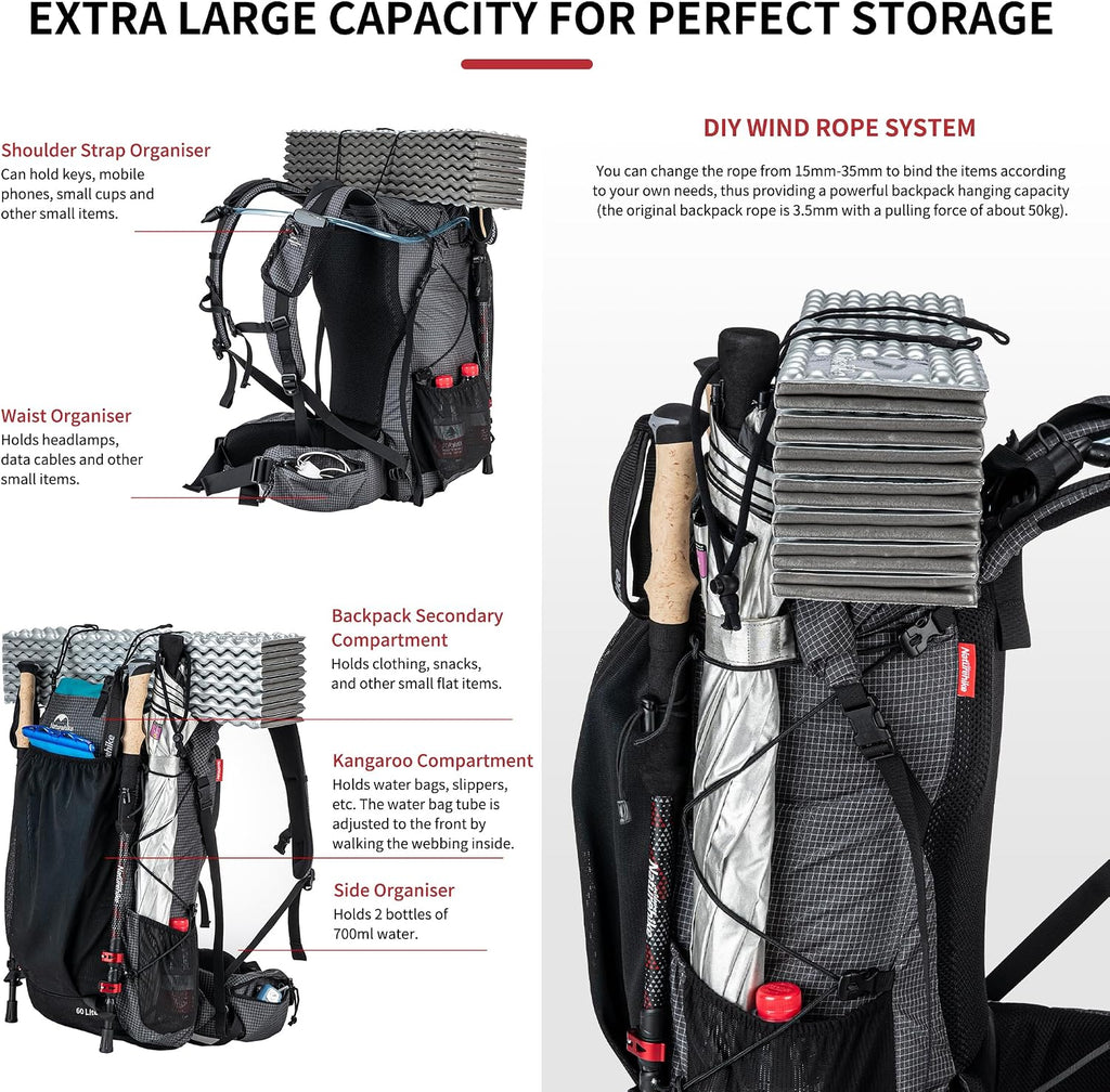 Naturehike 45L Rock Internal Frame Hiking Backpack for Outdoor Camping Travel Backpacking with Rain Cover Ultralight Backpack for Adults