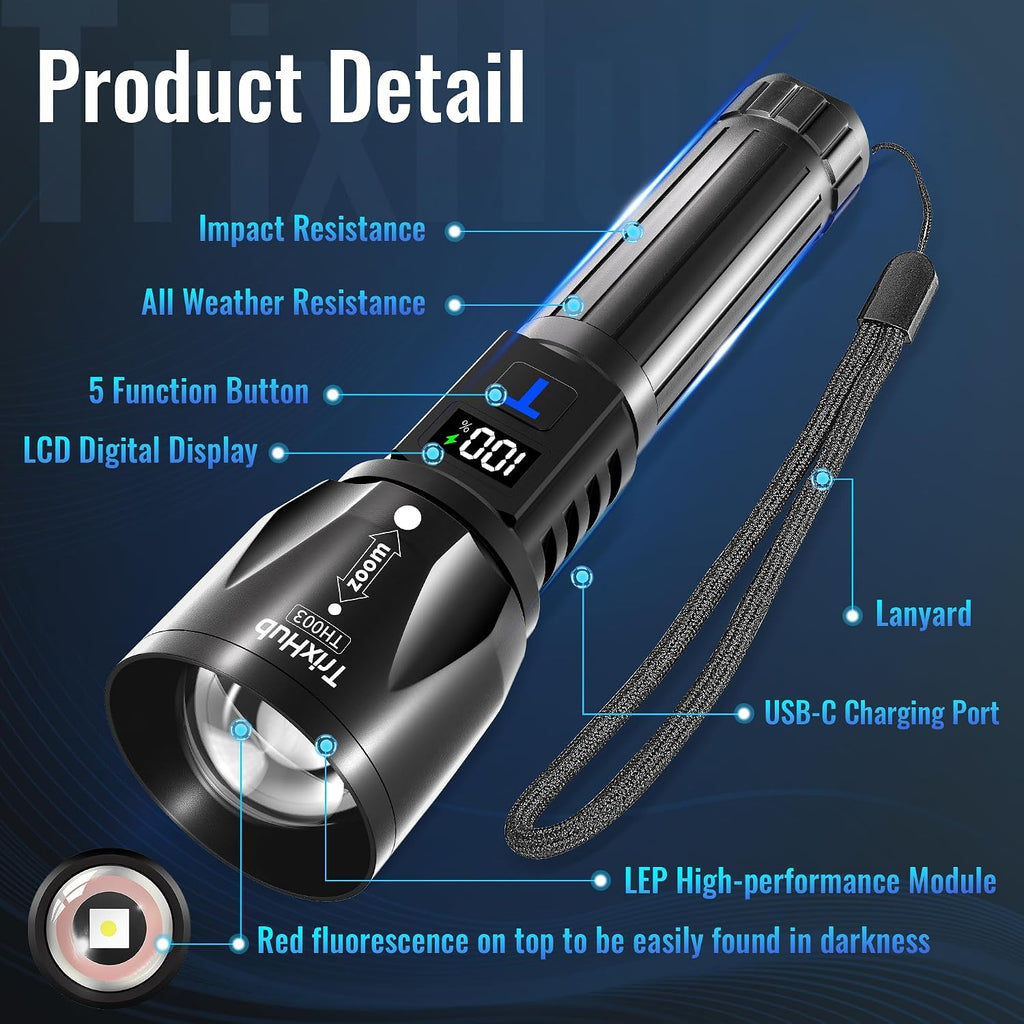 TrixHub Rechargeable Flashlights High Lumens 2Pack, 5Mode Flash Light with LCD Digital Display, Super Bright Adjustable Tactical Flashlight, High Powered LED Handheld Flashlight for Home