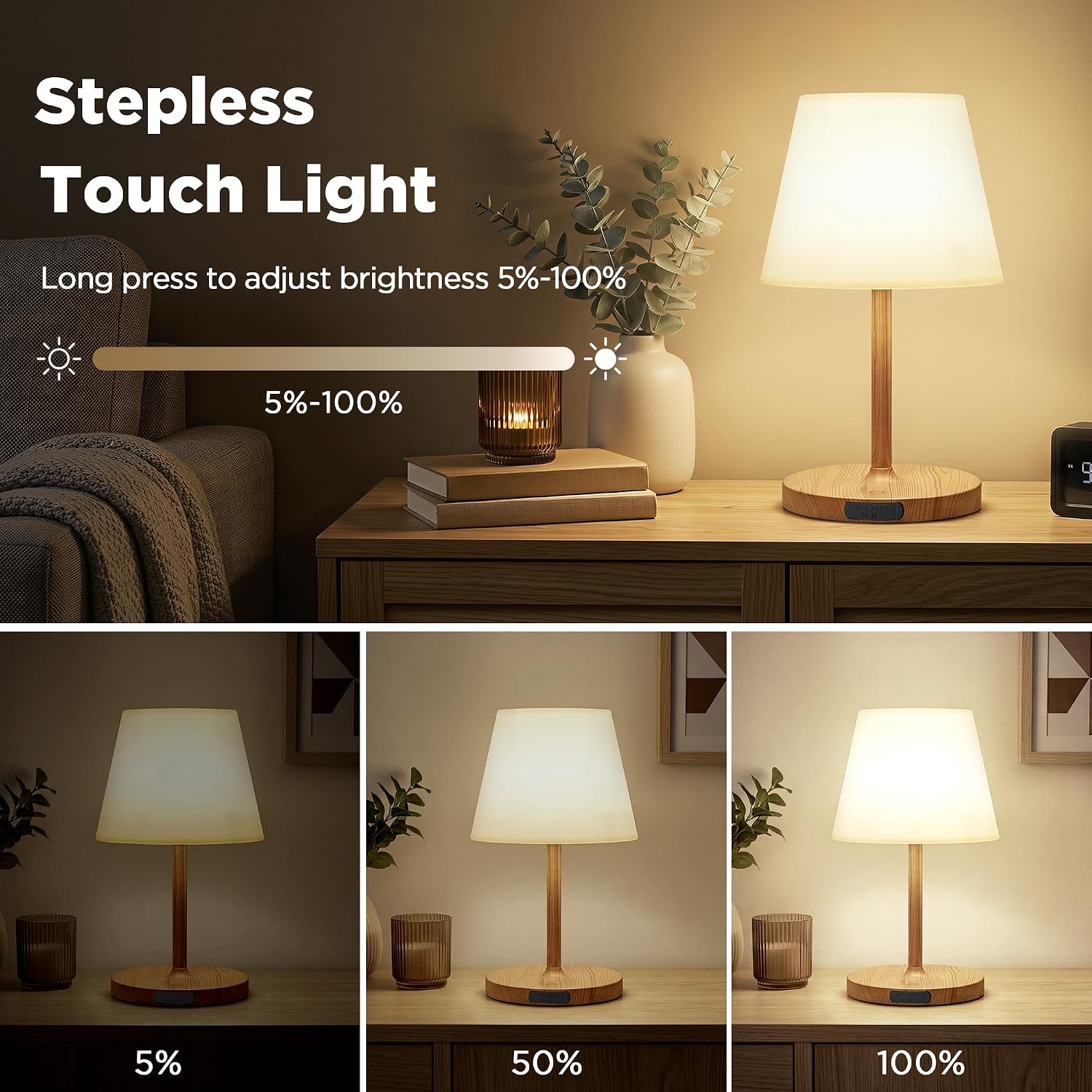 LUTEC 2 Pack Shower Lamp Waterproof, 6000mAh Rechargeable Cordless Table Lamp with 3 Color Temps and Stepless Dimming, Touch Control & Portable LED Nightlight for Bathroom, Desk, Outdoor(Wood Grain)