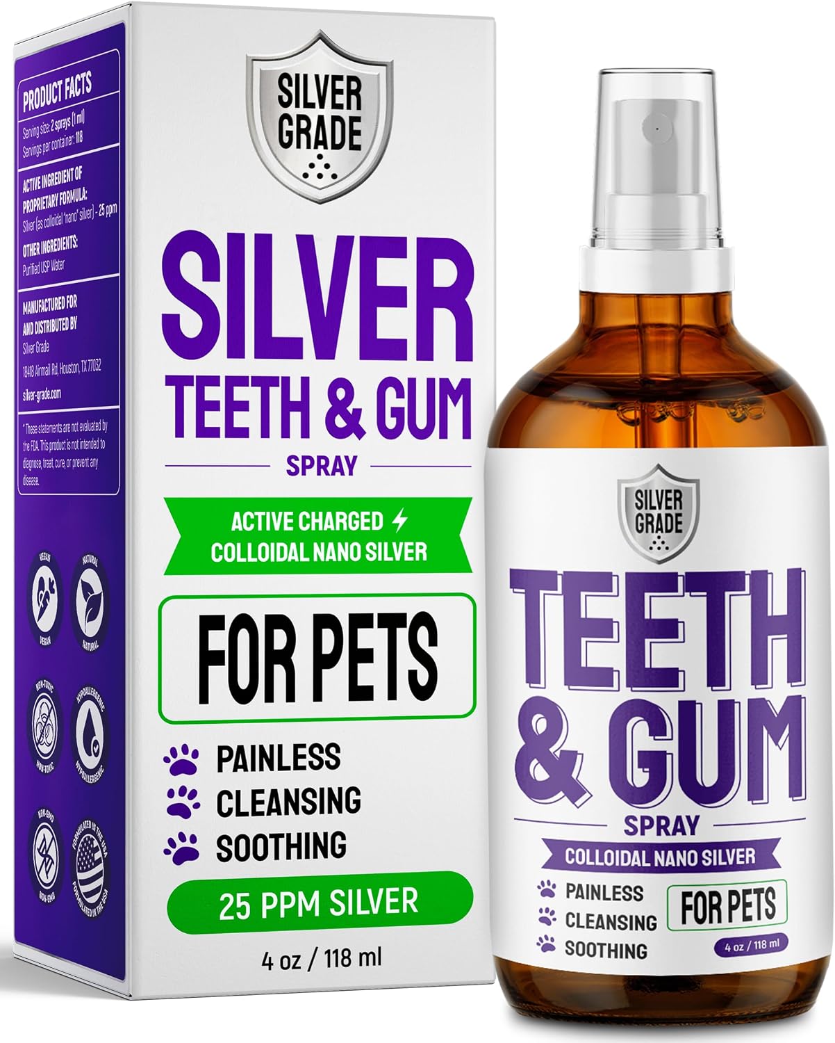 SILVER GRADE Teeth & Gum Cat & Dog Breath Freshener Spray – No Brushing Dog Dental Care Helps with Tartar & Caries – Pet Plaque Remover with Silver 25 PPM – Gentle Formula for Healthy Gums – 4 oz
