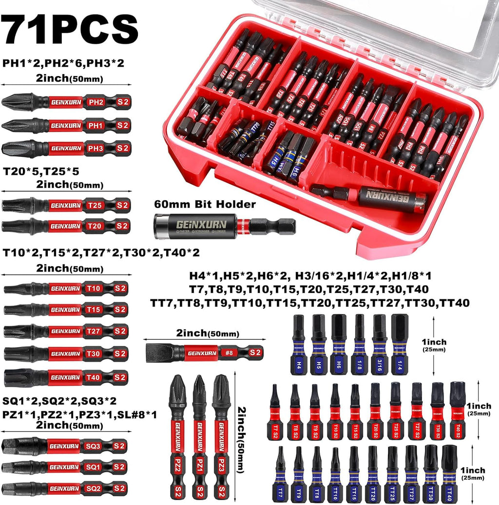Geinxurn Impact Screwdriver Bits Set, 71pieces Case Storage Magnetic S2 Steel Multi Insert Power Bits Tips with Impact Bit Holder