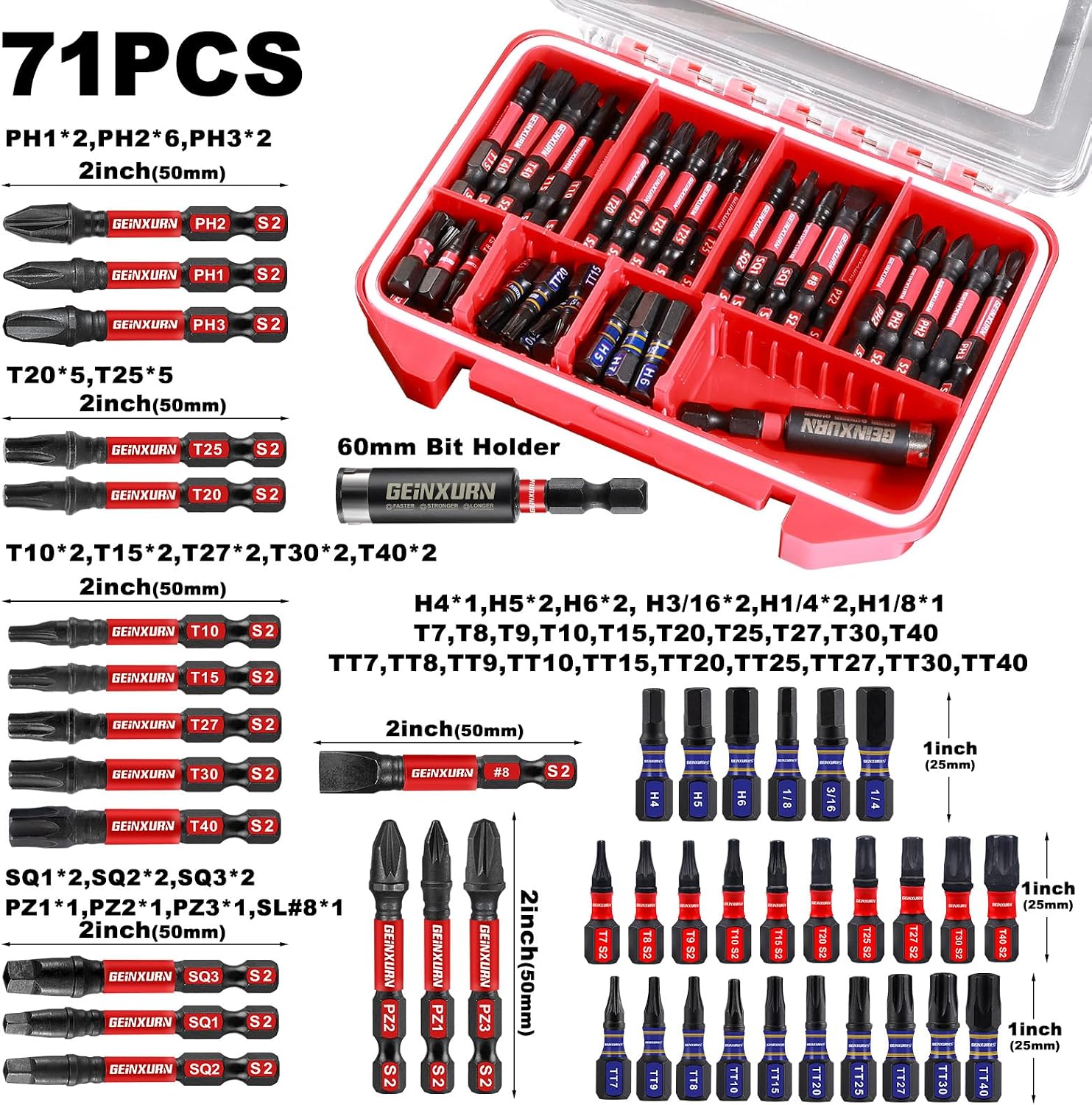 Geinxurn Impact Screwdriver Bits Set, 71pieces Case Storage Magnetic S2 Steel Multi Insert Power Bits Tips with Impact Bit Holder