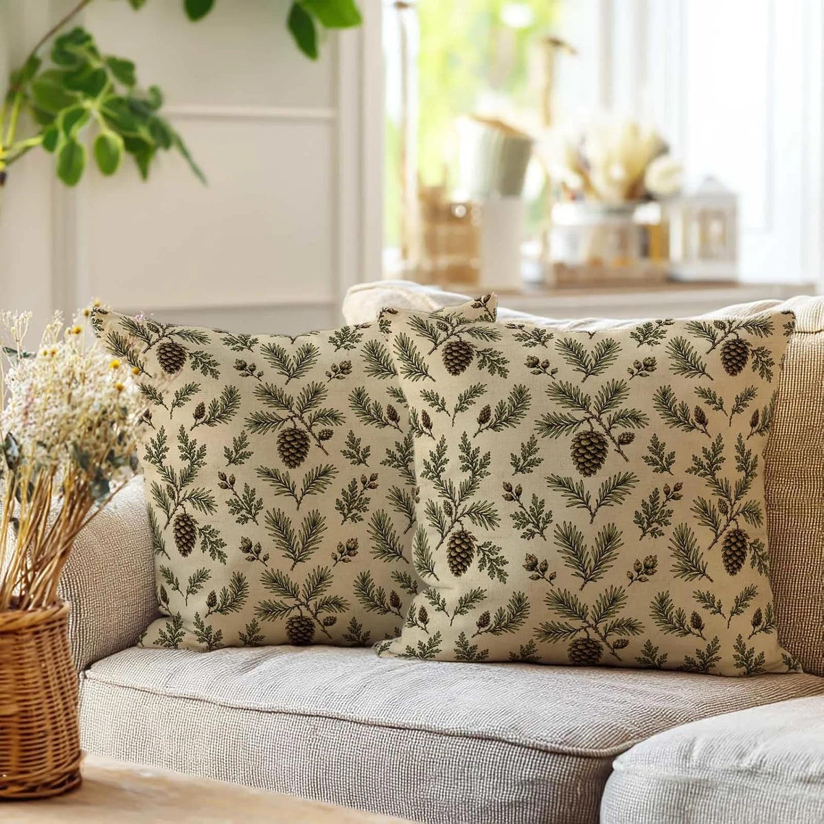 Pine Cone Throw Pillow Covers 18x18 Set of 2 | Rustic Cabin Decorative Cushion Covers | Woodland Lodge Pillow Cases for Couch Sofa Bed Living Room | Evergreen Branch Home Decor Outdoor Patio