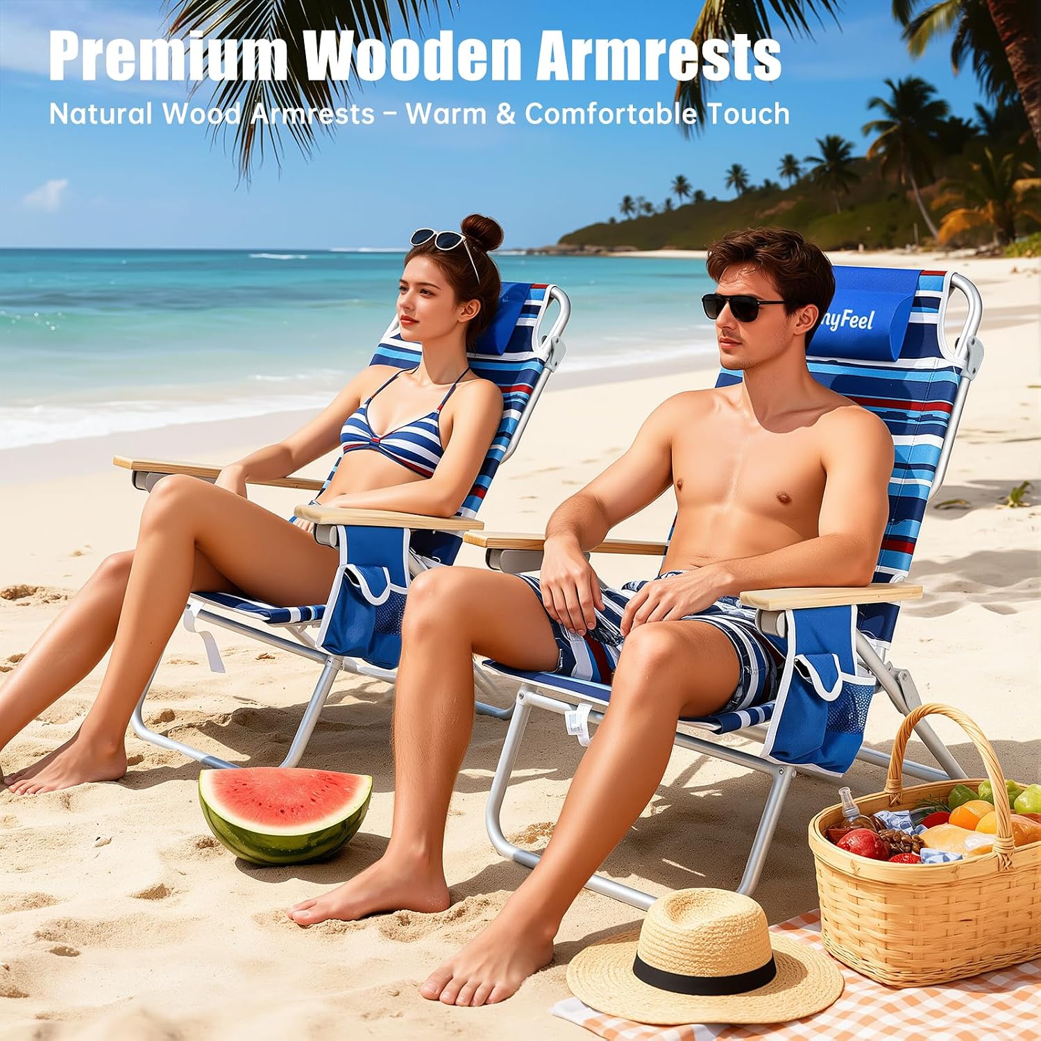 SUNNYFEEL Tall Beach Chair, Reclining Beach Chair with 5-Position, Portable Camping Chair for Adults with Wood Armrest, Lightweight Camping Chair 300 lbs Heavy Duty, Blue Stripe, 2 Pack