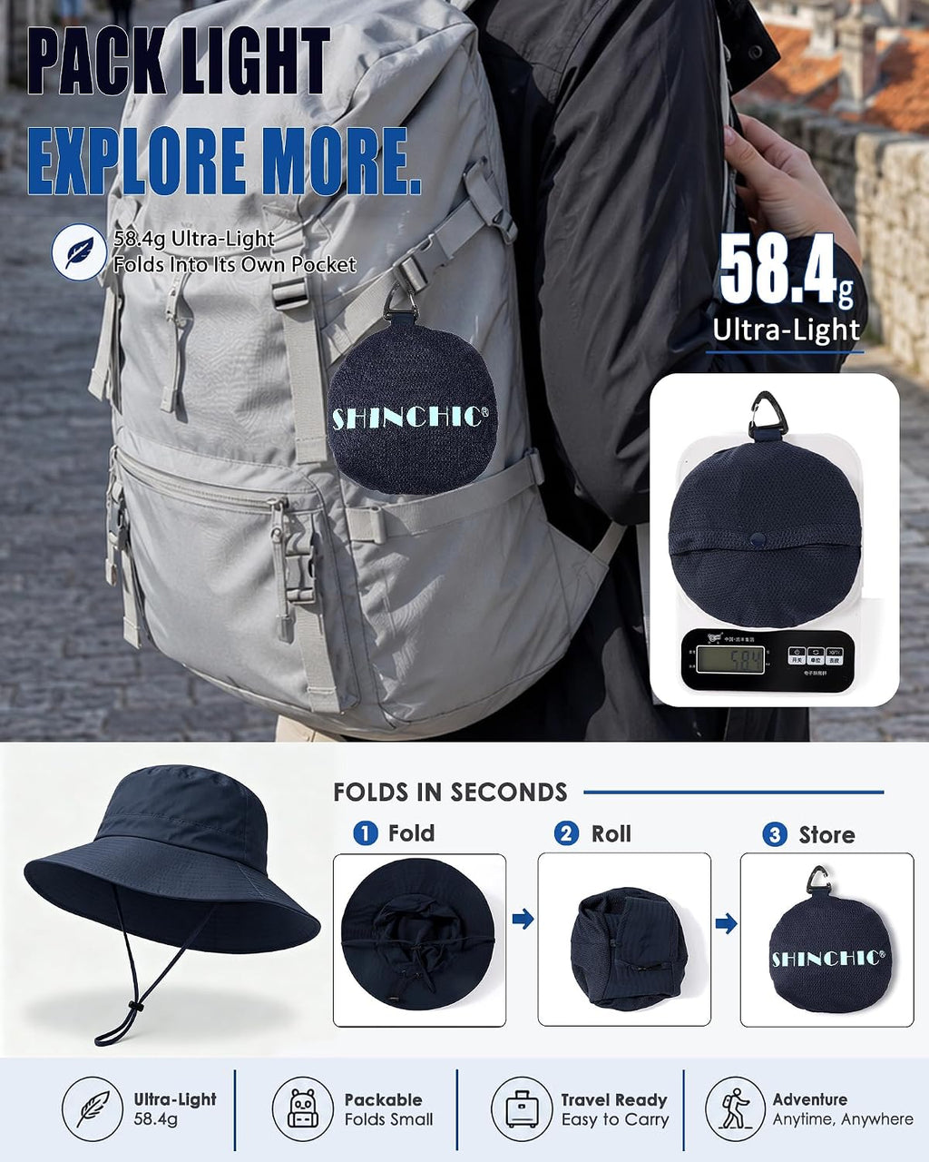 Water-Resistant UPF 50+ Sun Bucket Hat Packable Brimmed for Women Men
