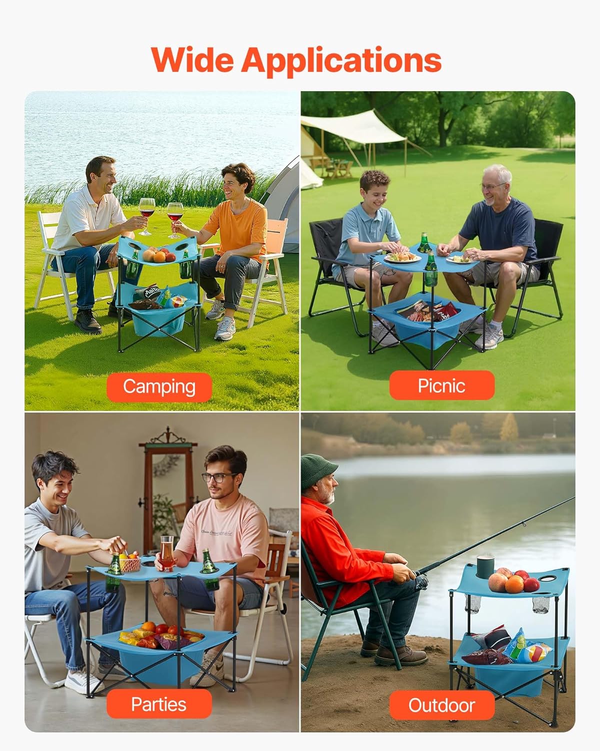 VEVOR Folding Camping Table, Portable Outdoor Lightweight Picnic Table, 600D Oxford Fabric Waterproof Canvas Travel Beach Tables, with 4 Cup Holders, Carry Bag, for Tailgating Camping Picnic, Blue