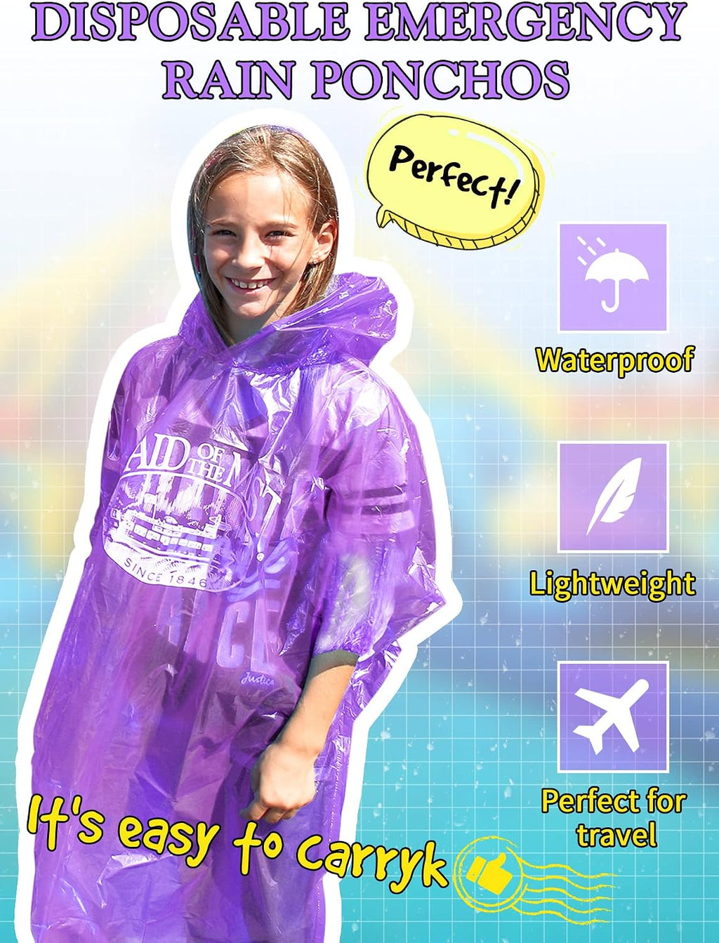 Tarpop 40 Pack Disposable Rain Ponchos Adult Drawstring Hood
