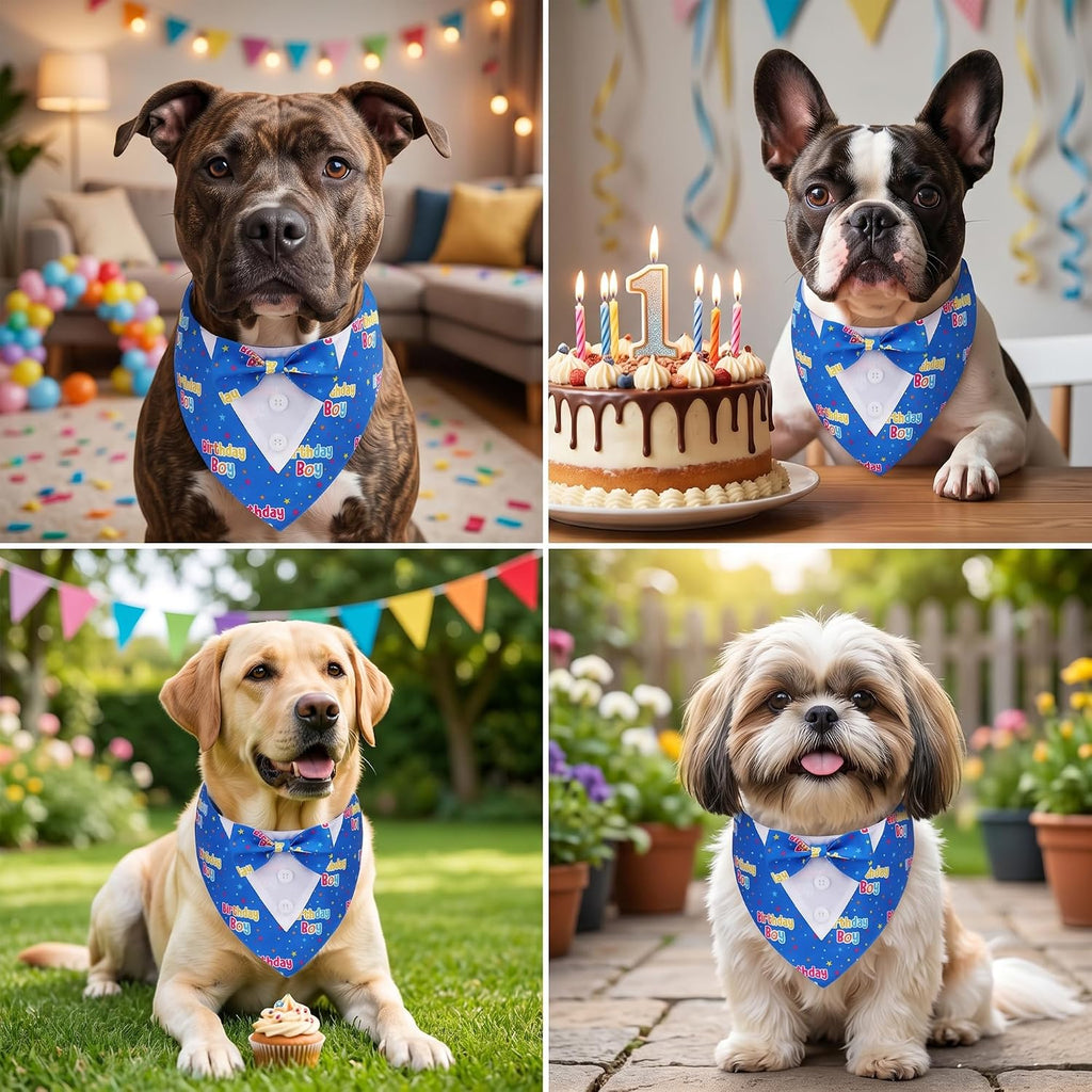ADOGGYGO Birthday Dog Bandana with Bowtie, Blue Boy Dog Tuxedo, Large