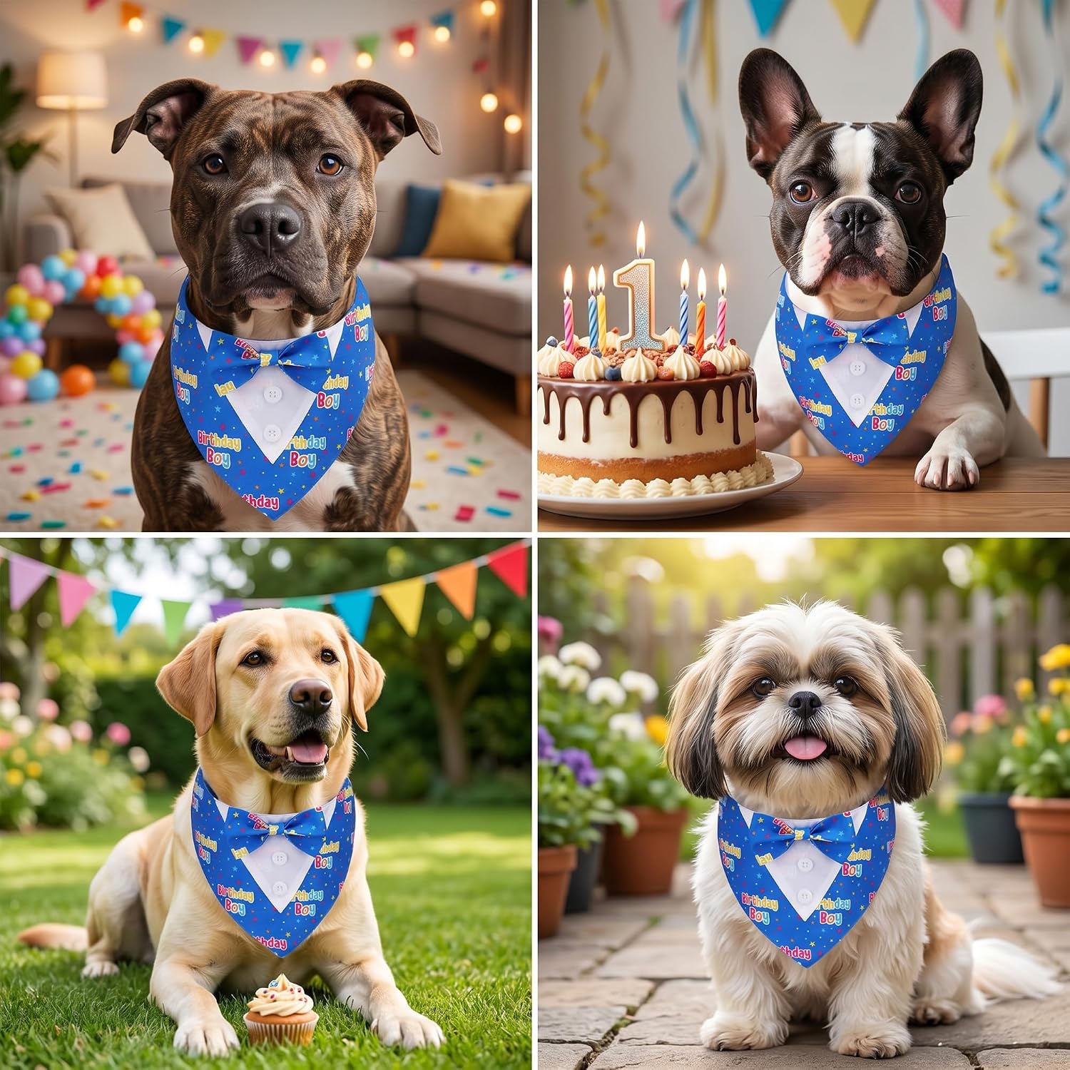 ADOGGYGO Birthday Dog Bandana with Bowtie, Blue Boy Dog Tuxedo, Large