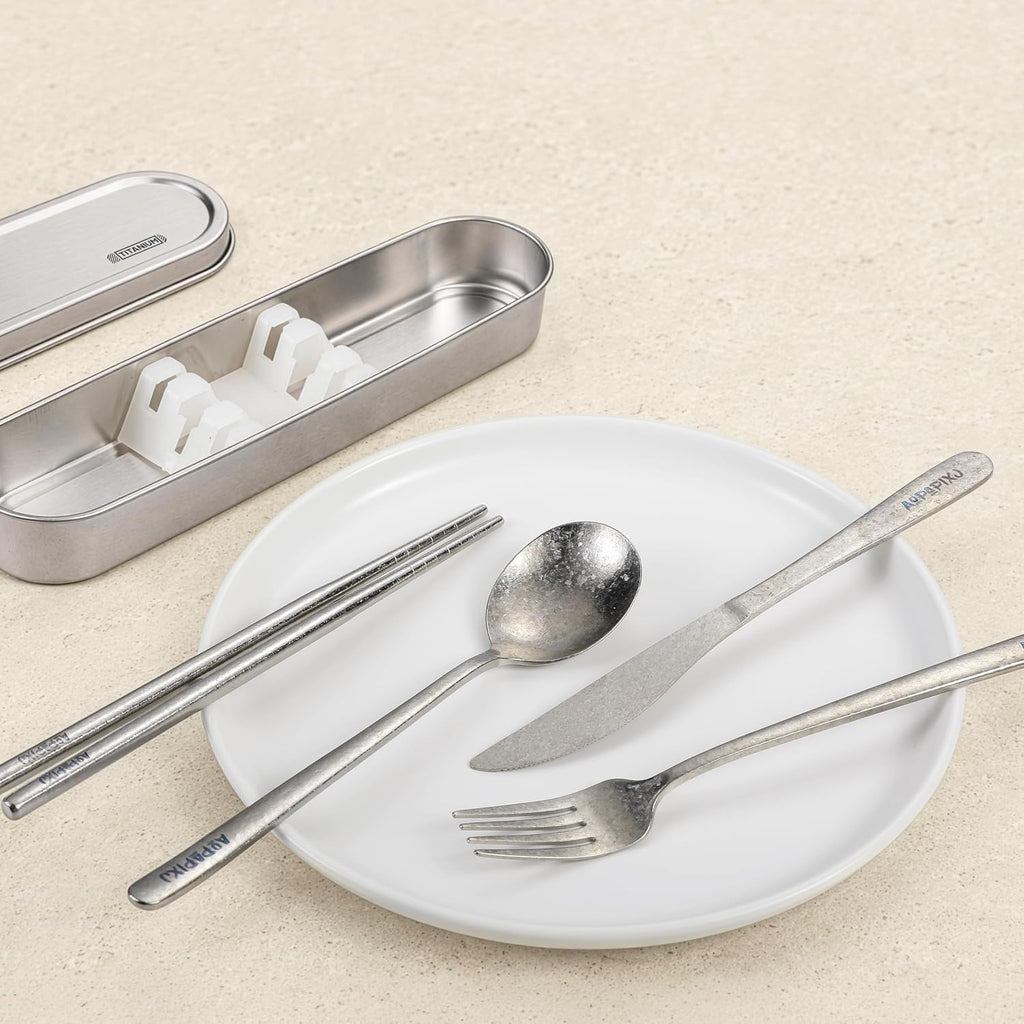 100% Pure Titanium Cutlery Set, Snowflake Pattern Titanium Tableware with 304 Stainless Steel Case & Silicone Holder, Ultralight Portable Utensils with Bonus Carry Bag for Camping