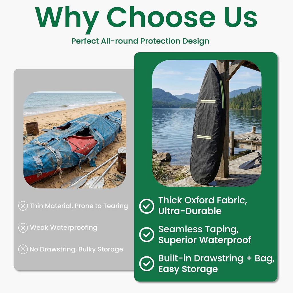 12-14 FT Kayak Cover, Made of 600D Oxford Fabric with a Cotton Lining. Features a Full-Coverage Design, Complete with Zippers and Fluorescent Straps.Suitable for Both Indoor and Outdoor Storage