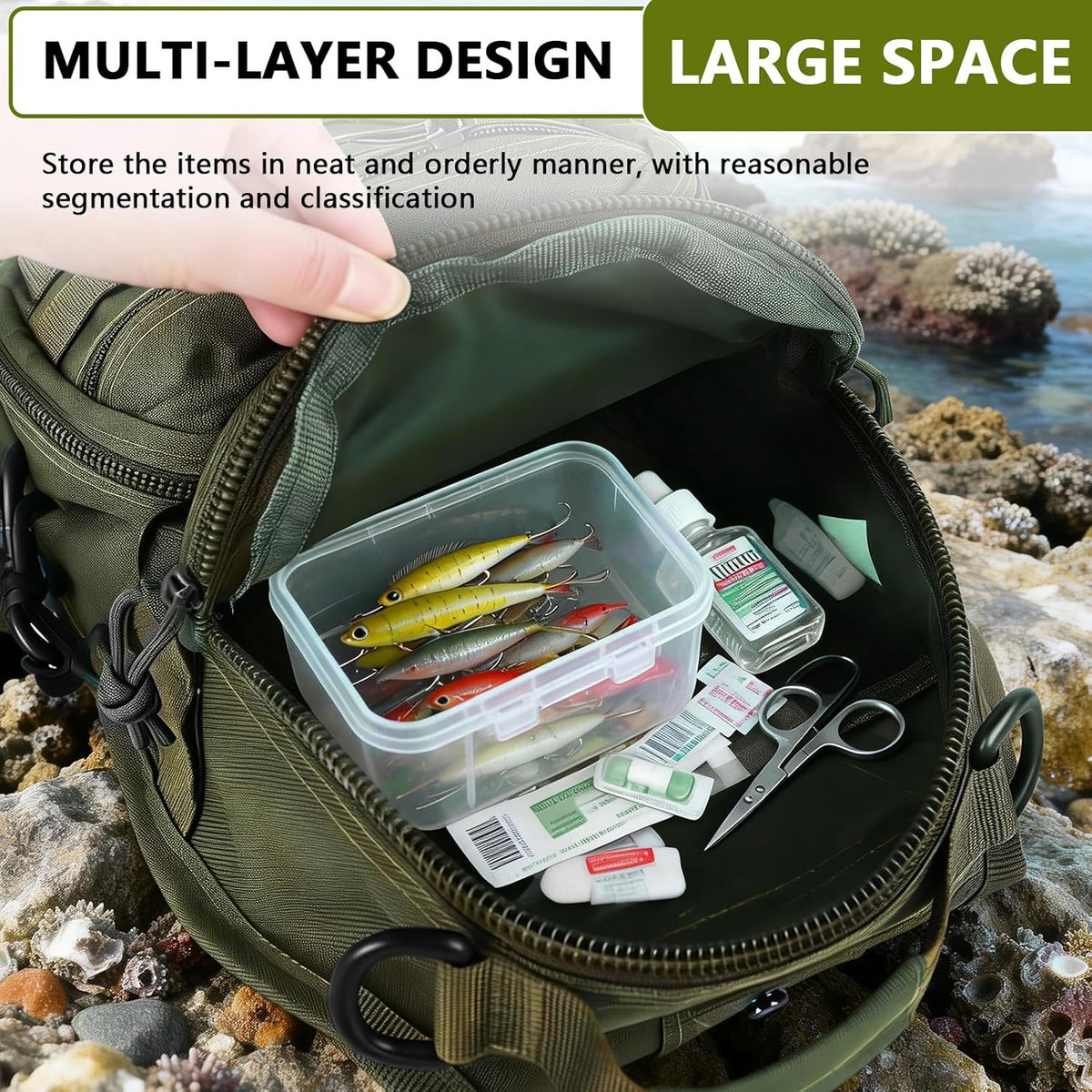 Fishing Backpack Small Fishing Tackle Storage Bag with 3 Methods of Carrying Large Capacity Sling Backpack for Outdoor Hiking Travel Hunting (Army Green)