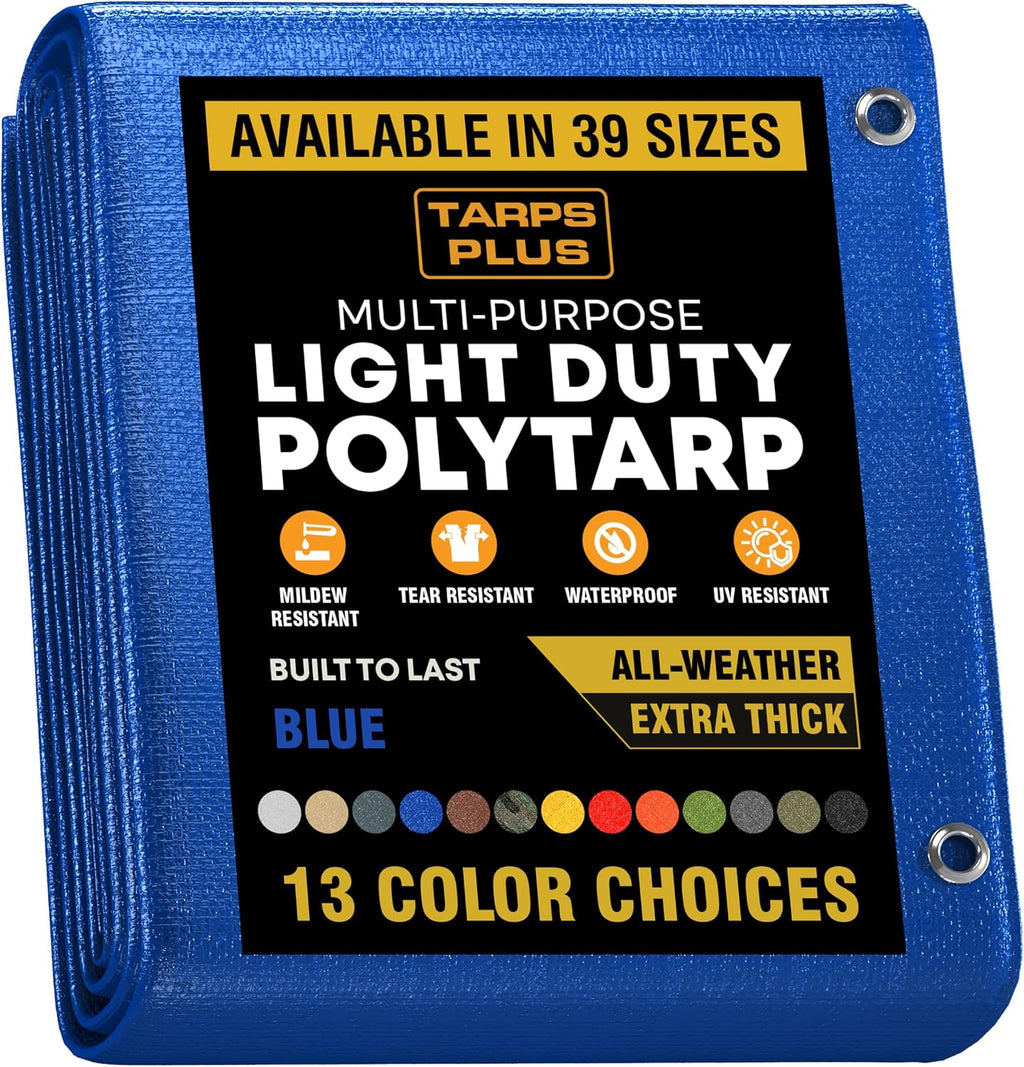 TarpsPlus Light-Duty 6 Mil Poly Tarps, Waterproof & Tear Resistant Temporary Cover, Multi-Purpose Tarp for Cars, Garden, Equipment, Camping & Outdoor Use, Blue 20' x 20'
