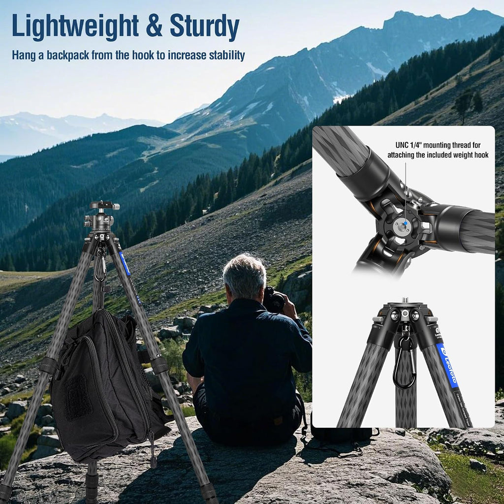 LEOFOTO 58" Carbon Fiber Tripod, Lightweight Travel Compact Tripod for Mirrorless Camera, DSLR, 4-Sections with Max Tube Dia 36mm, Load Up to 55lbs/25kg (LS-364CX)