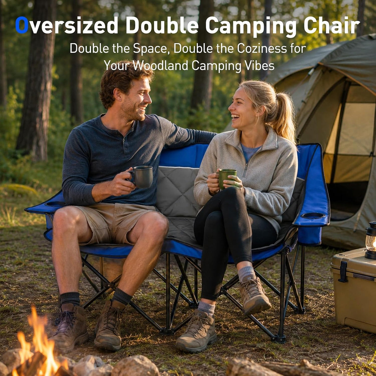 Double Camping Chair, Heavy Duty Folding Loveseat Camping Chairs, Blue