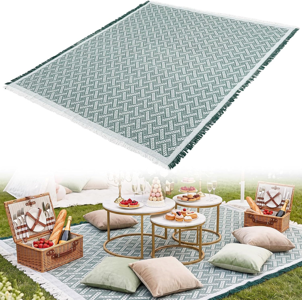 1 Pack White Coffee Extra Large Picnic Blanket, Outdoor Picnic Mat, Woven Boho Large Beach Blanket with Fringe for Park, Camping, Lawn or Wedding Photoshoot (71 x 91 Inches)