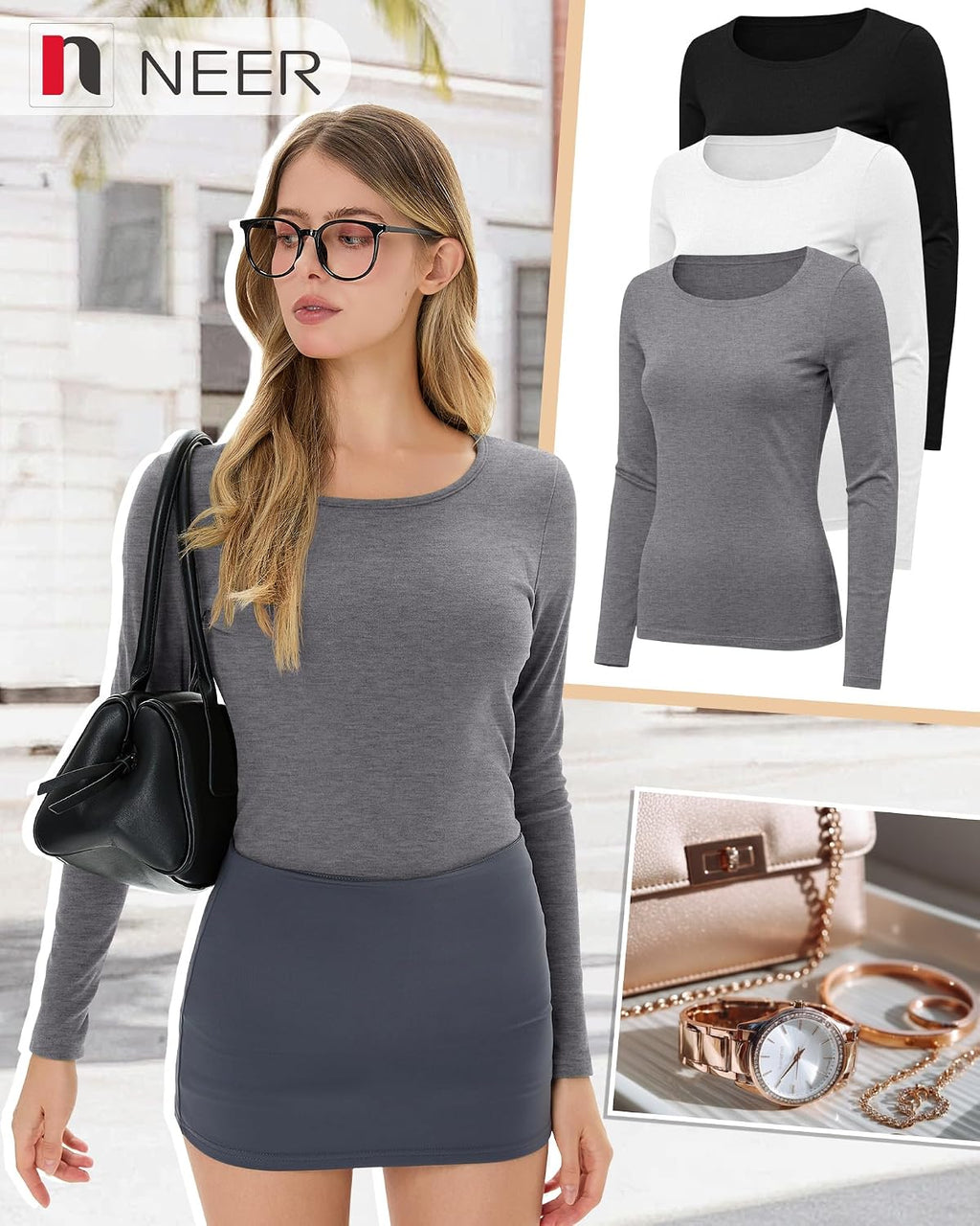 Neer 3 Pack Womens Thermal Shirts Crew Neck Fleece Lined Tops