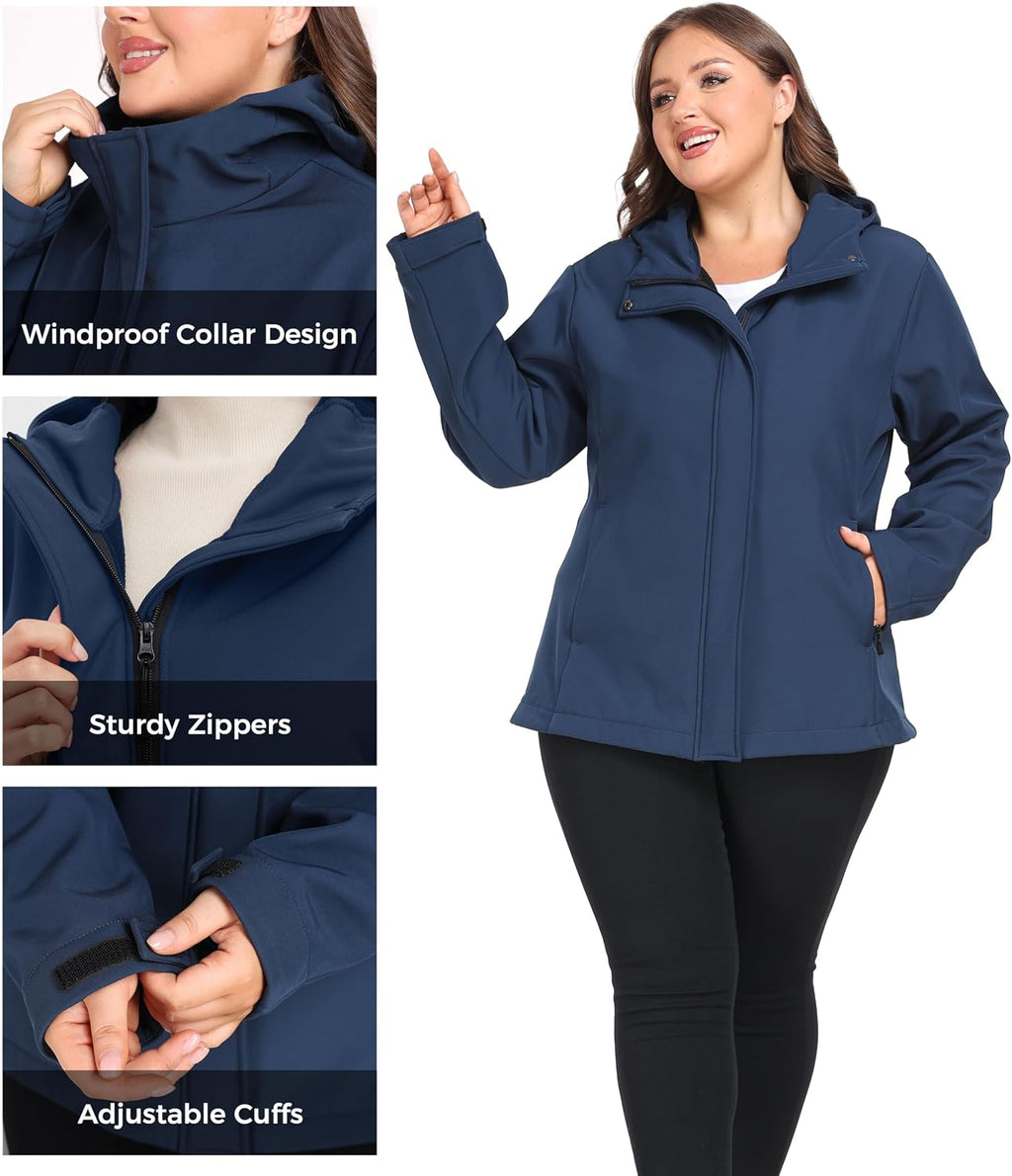 wantdo Women's Plus Size Softshell Jackets Hooded Fleece Lined Windbreaker