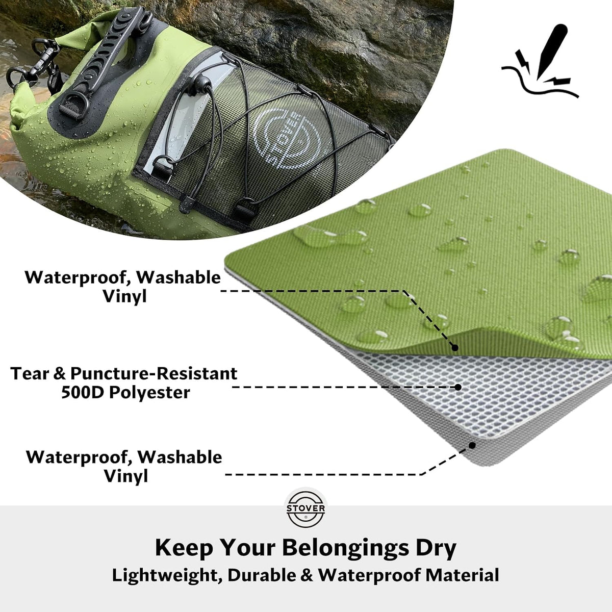 STOVER 5/10/25/30/40L Waterproof Dry Backpack & Phone Case- Large Floating Dry Bag for Kayaking, Travel, Hiking, Fishing, Camping, Motorcycles & Beach, Heavy-Duty Roll Top Men/Women (Green)