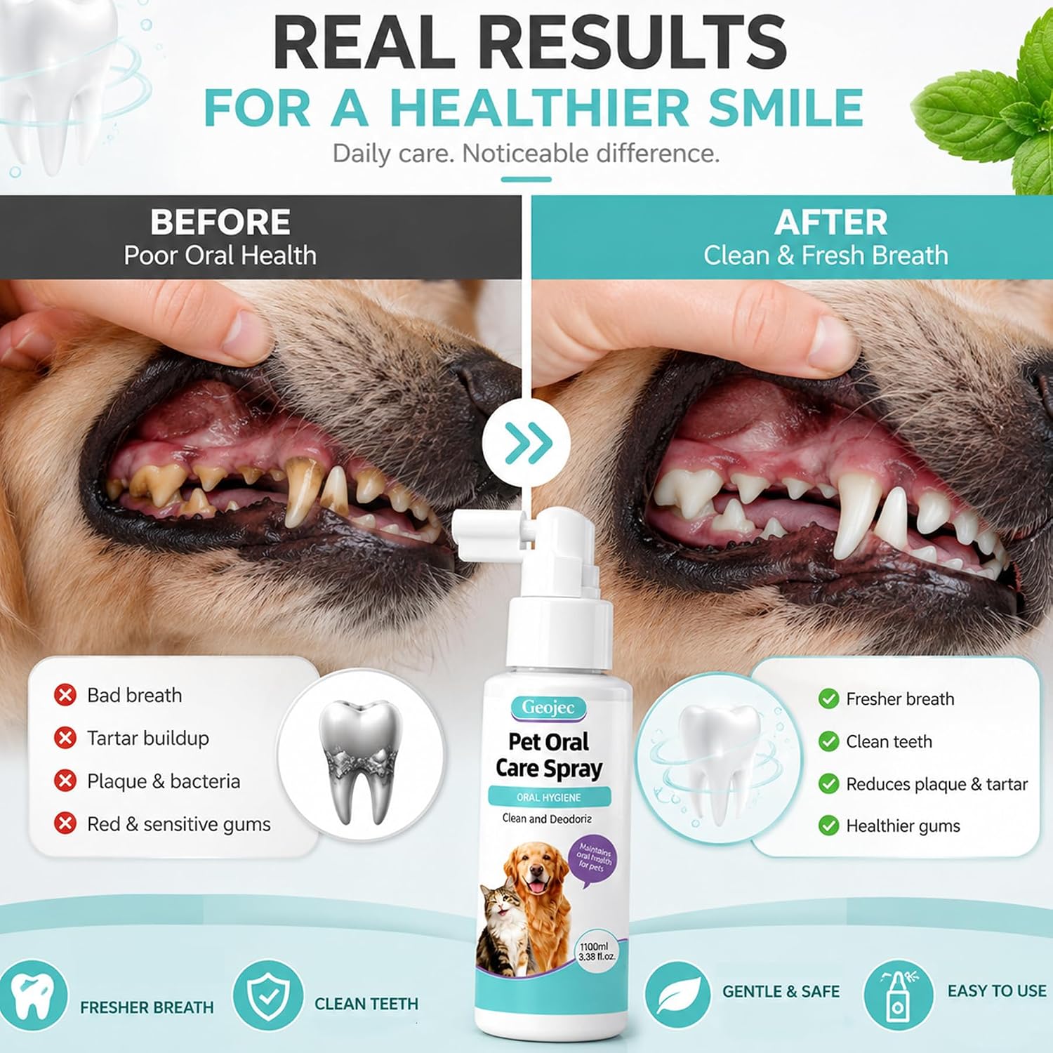 Pet Oral Care Spray, Dog Dental Spray for Dog Teeth Cleaning, Natural Dog Breath Freshener, Daily Dog Dental Care & Cat Dental Care Solution,No Brush Required Pet Mouth Freshener Spray for Dogs & Cats
