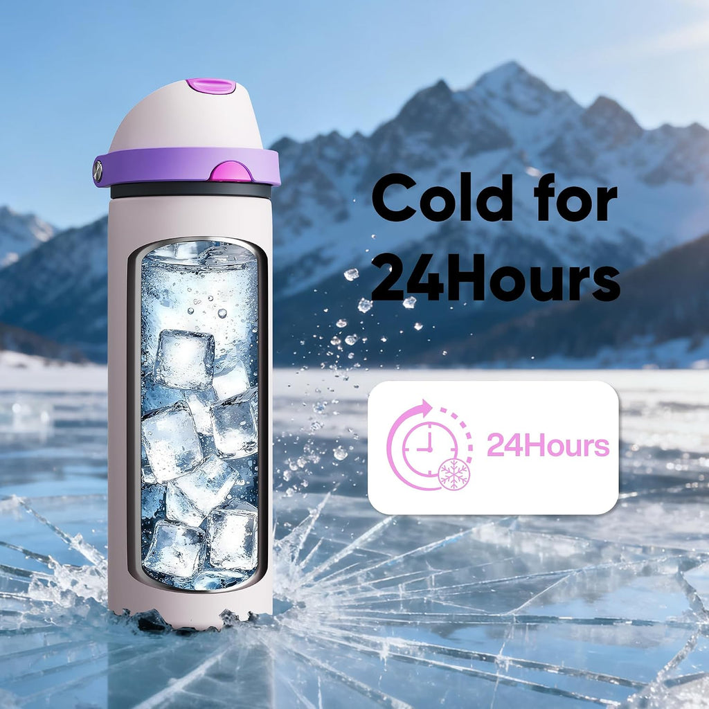 Insulated Water Bottle with Straw - Encool Stainless Steel Water Bottle with Push Button Lid, Leak-Proof & BPA-Free, Keeps Cold for 24 Hours for Sports, Travel, Gym (24 oz, Oyster Pink)