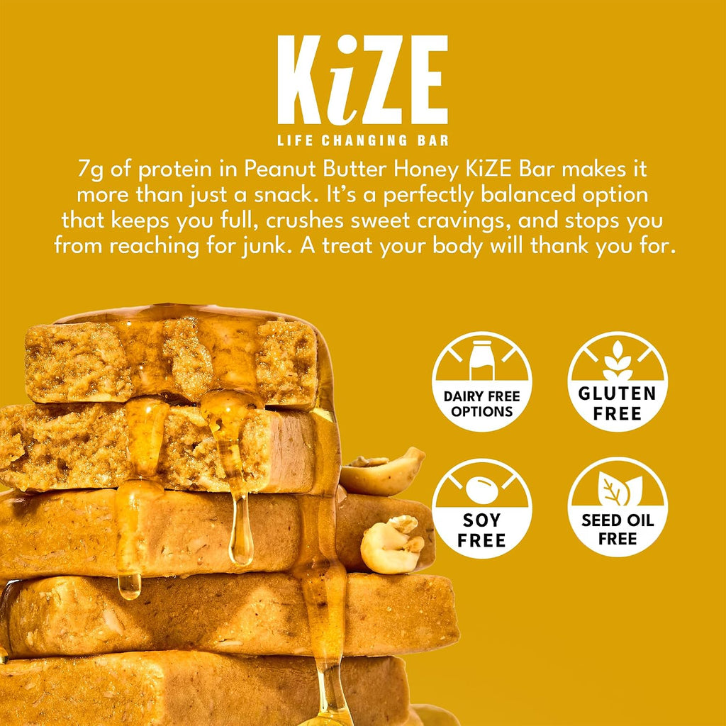 KiZE Energy Bars - Peanut Butter Honey - 30-Count - Gluten Free, Dairy Free, Non-GMO, and High Protein Meal Replacement Energy Bars, Clean and Simple Food Ingredients - 7g High Protein Snacks (30 Count)