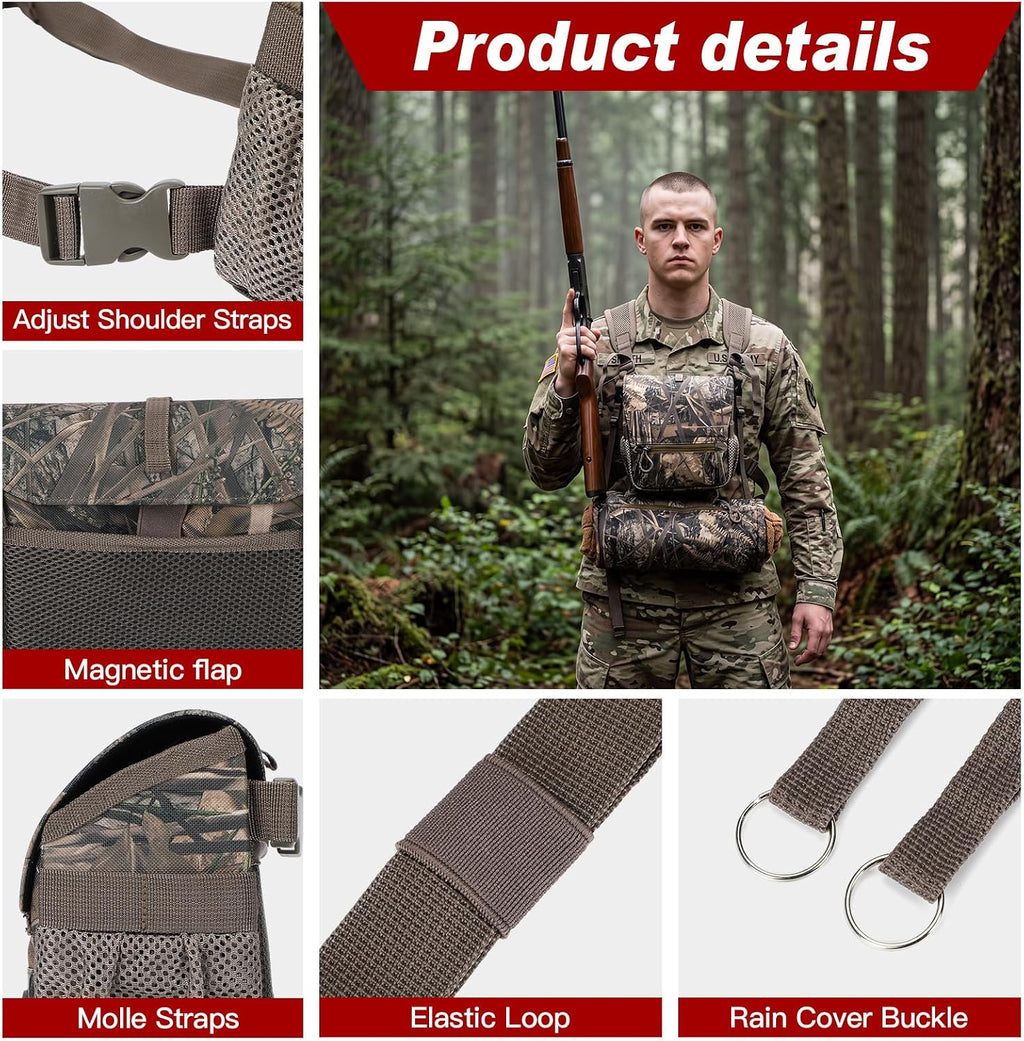 Binoculars Harness Chest Pack with Rangefinder Pouch and Hand Warmer Pockets, Adjustable Shoulder Strap, Ideal for Hunting, Hiking(Vintage,Camouflage)