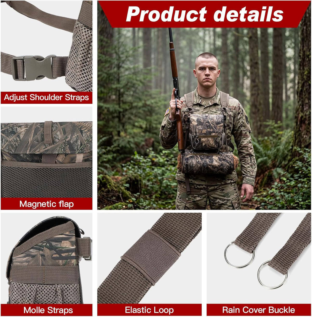 Binoculars Harness Chest Pack with Rangefinder Pouch and Hand Warmer Pockets, Adjustable Shoulder Strap, Ideal for Hunting, Hiking(Vintage,Camouflage)
