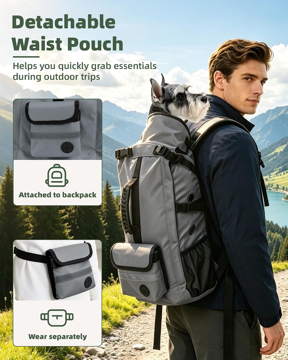 Breathable Dog Hiking Backpack Carrier for Small Dogs, Grey