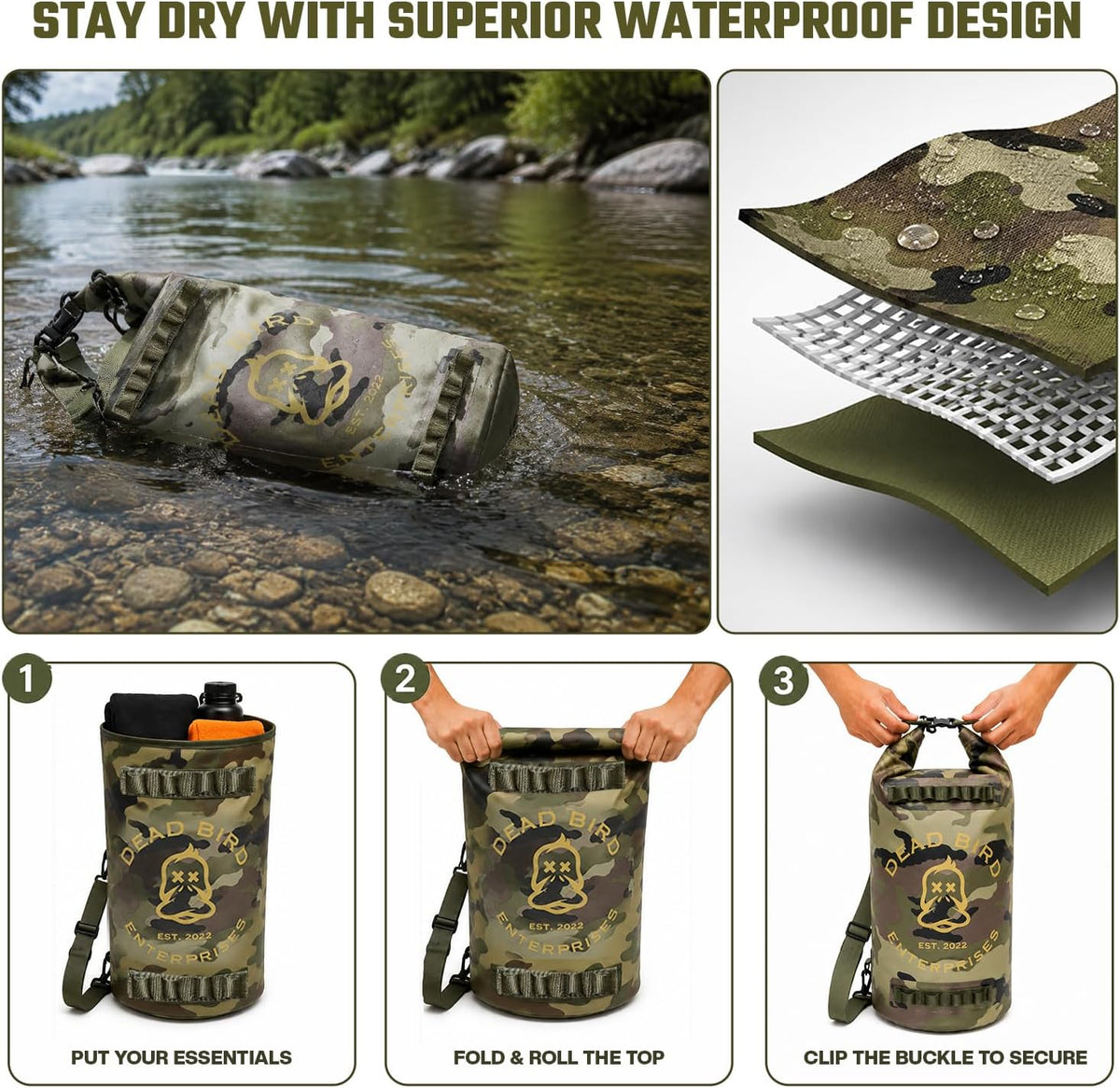 Dead Bird Enterprises Waterproof 20L Dry Bag, Camouflage Floating Shell Pouch with Roll Top Closure for Duck Hunting, Beach, Boating, Kayaking, Fishing & Camping, 500D PVC Tarpaulin Camo Dry Bag