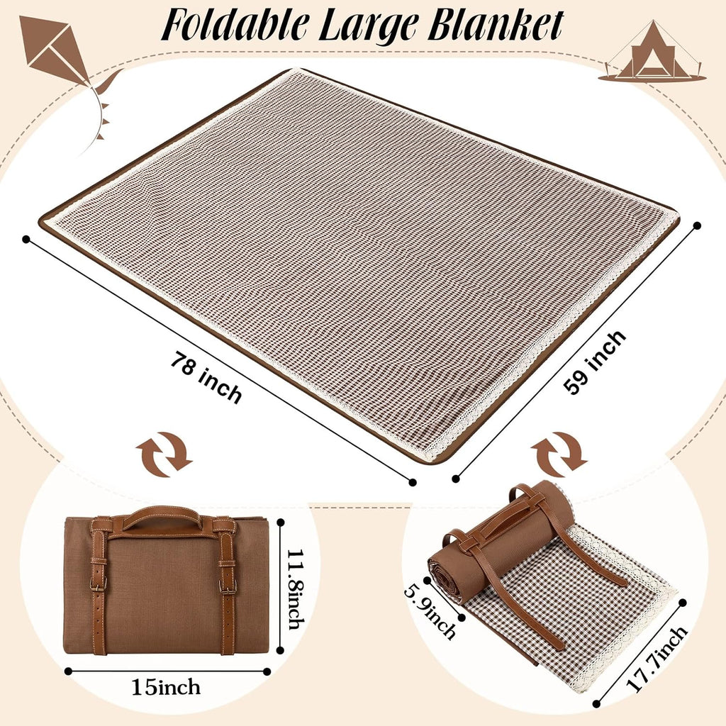 VitalCozy Gingham Picnic Blankets 59x78 in Outdoor Waterproof, Coffee White