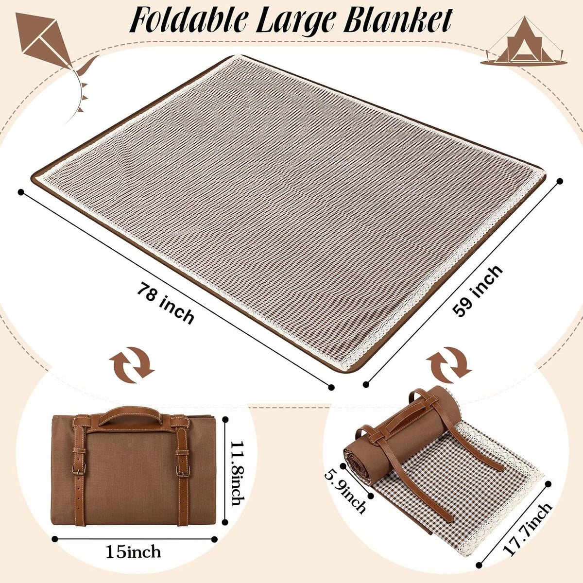 VitalCozy Gingham Picnic Blankets 59x78 in Outdoor Waterproof, Coffee White