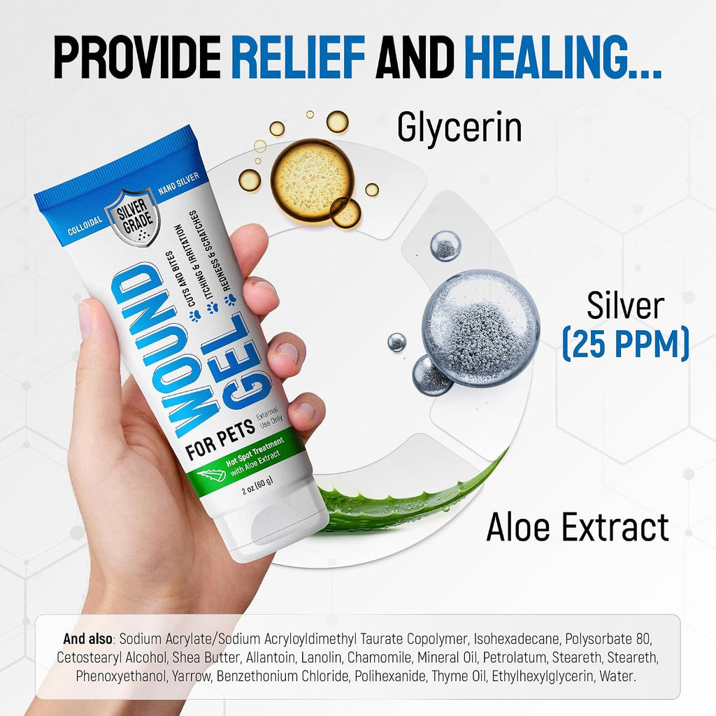 SILVER GRADE Wound Gel Tube for Pets – Dog Wound Care with Silver & Aloe – Cat & Dog Hot Spot, Scratches, Cuts, Bites Care – Help with Abrasions & Sores in Horses – Safe Breeds – 2 Oz