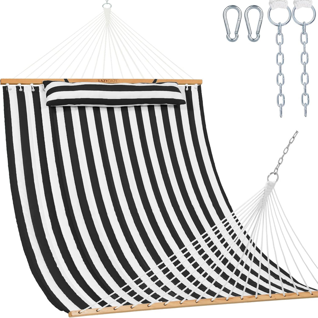 Lazy Daze Double Quilted Hammock with Pillow and Carabiners, Black White