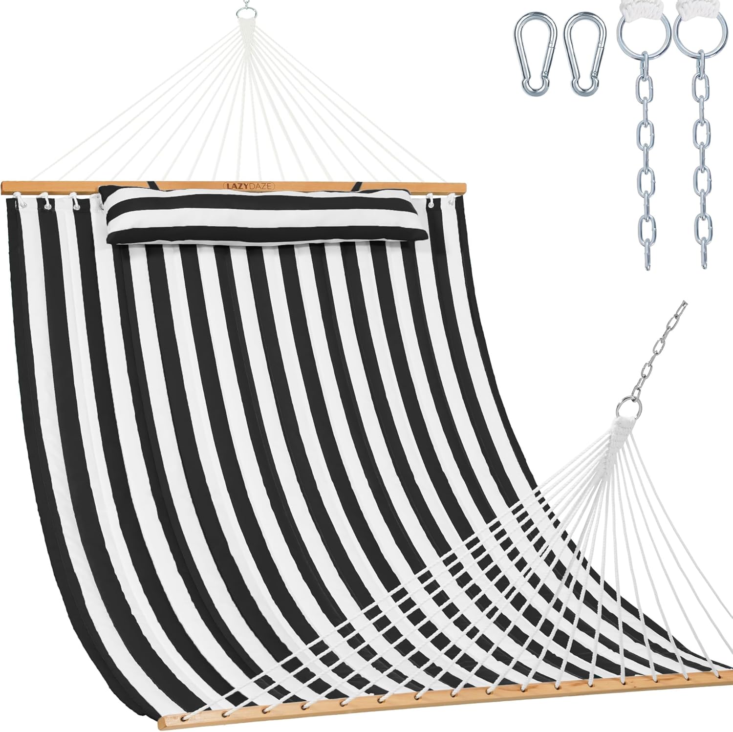 Lazy Daze Double Quilted Hammock with Pillow and Carabiners, Black White