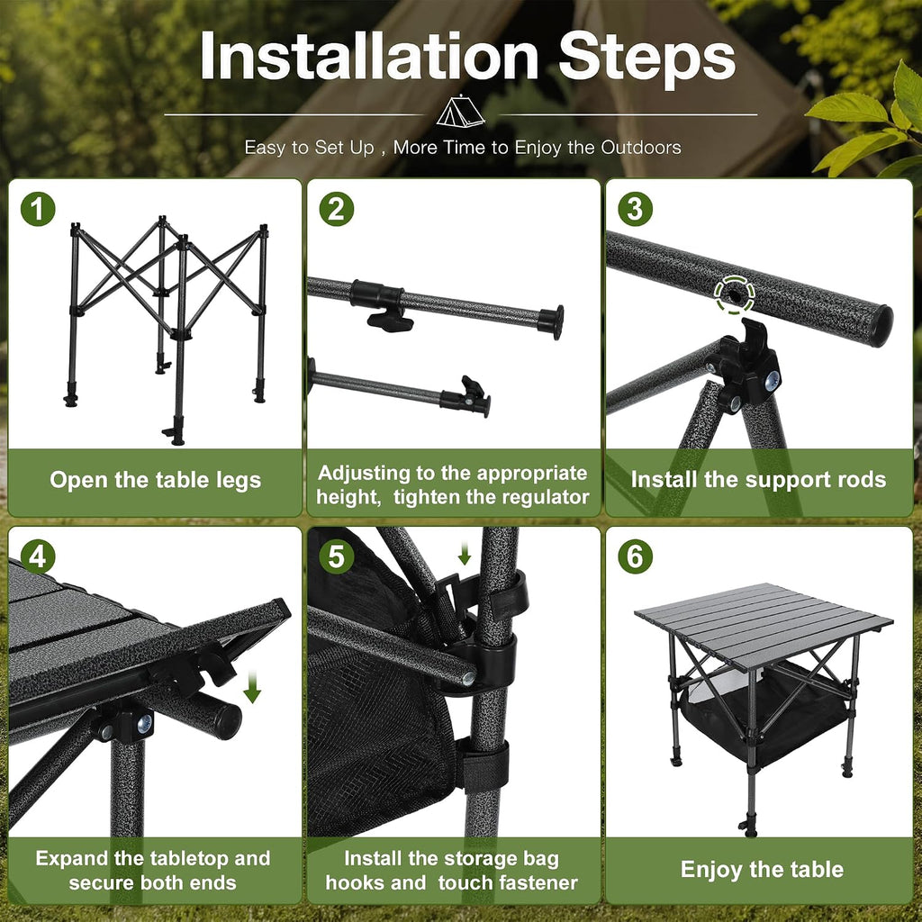 19.7"L x 20.9"W Folding Camping Table with Adjustable Height Black