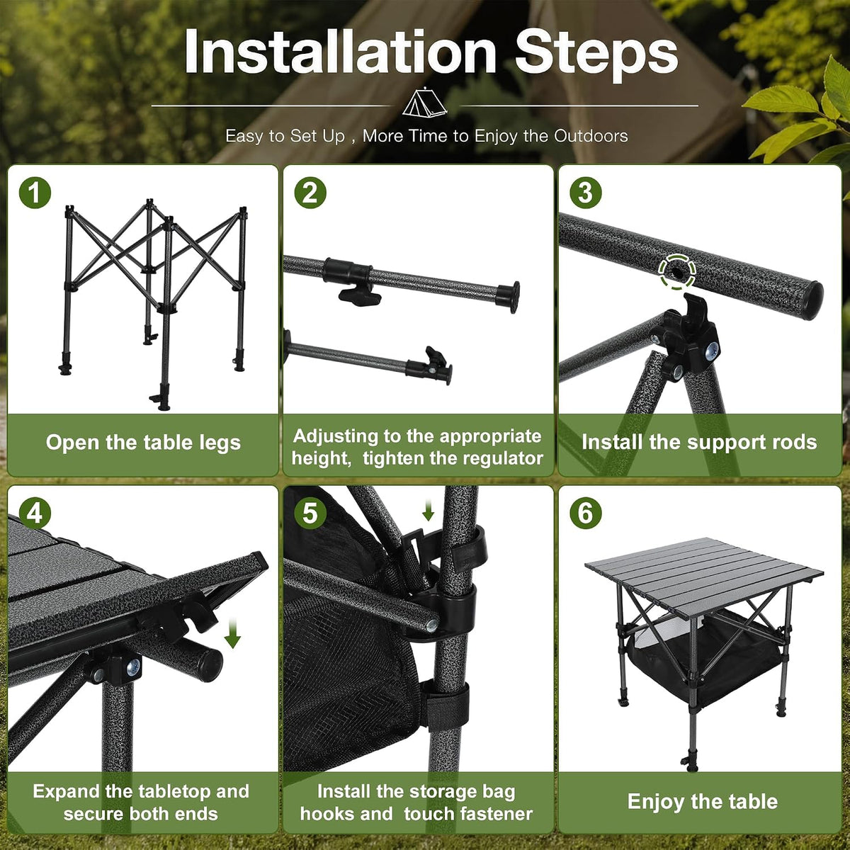 19.7"L x 20.9"W Folding Camping Table with Adjustable Height Black