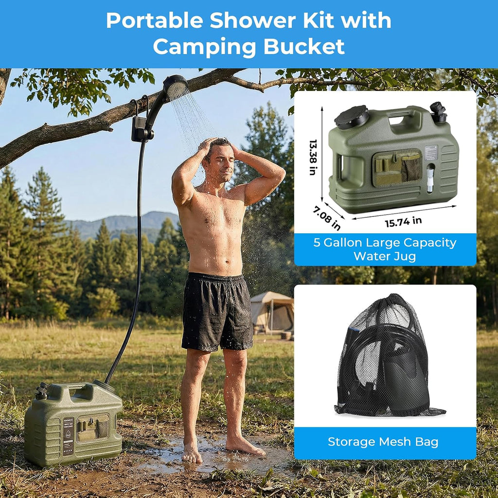 Portable Camping Shower Kit with 5 Gallon Water Jug, 8000mAh Rechargeable Shower Pump IPX8 Waterproof, 5 Pressure Modes, BPA Free Water Container for Camping, Hiking, Beach, Pet Bathing, Car Washing
